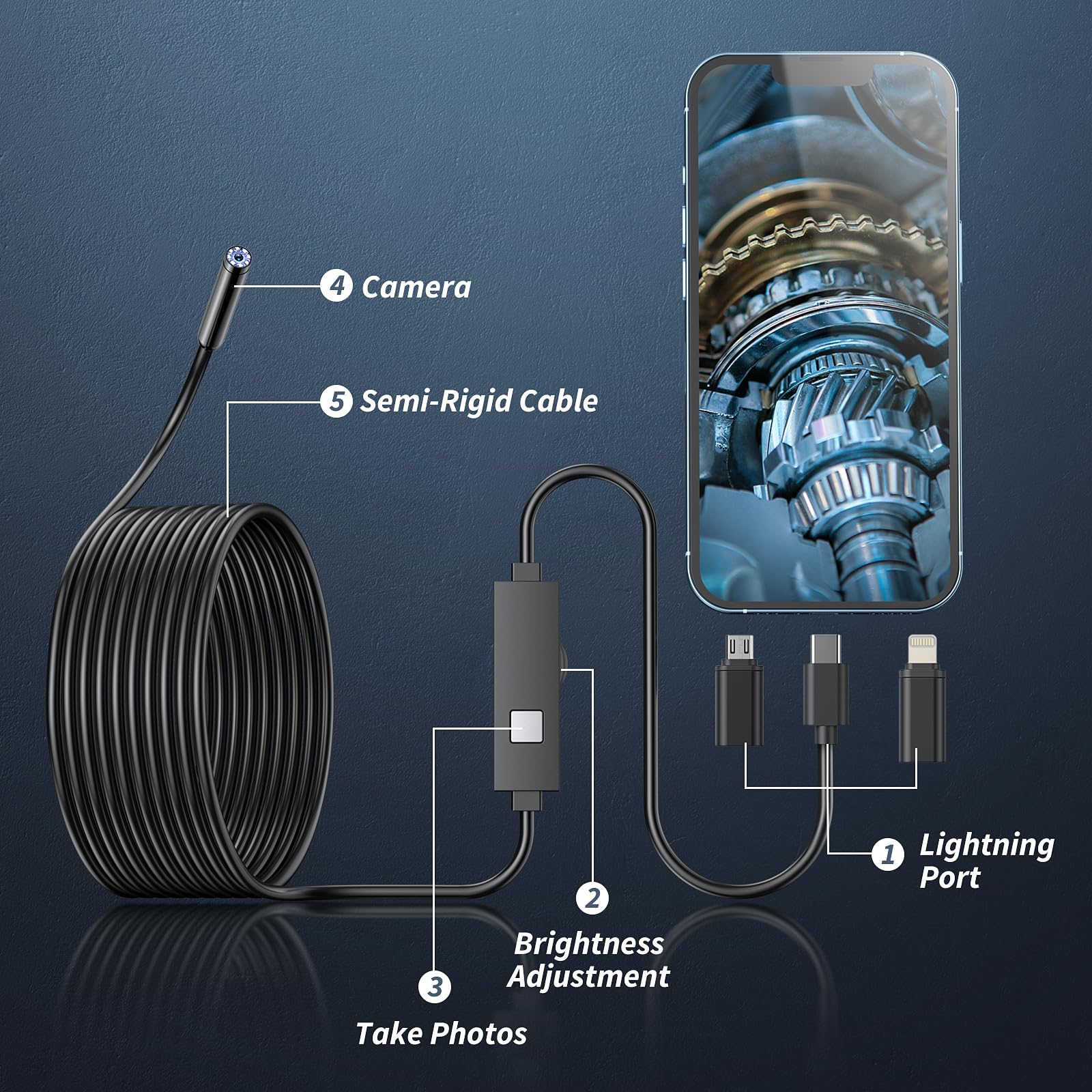 Endoscope Camera with Light,1920P HD Borescope Tools with 8 Adjustable LED Lights, Endoscope with Semi-Rigid Snake Camera, Inspection Borescope for iOS and Android-16.4ft Single Lens