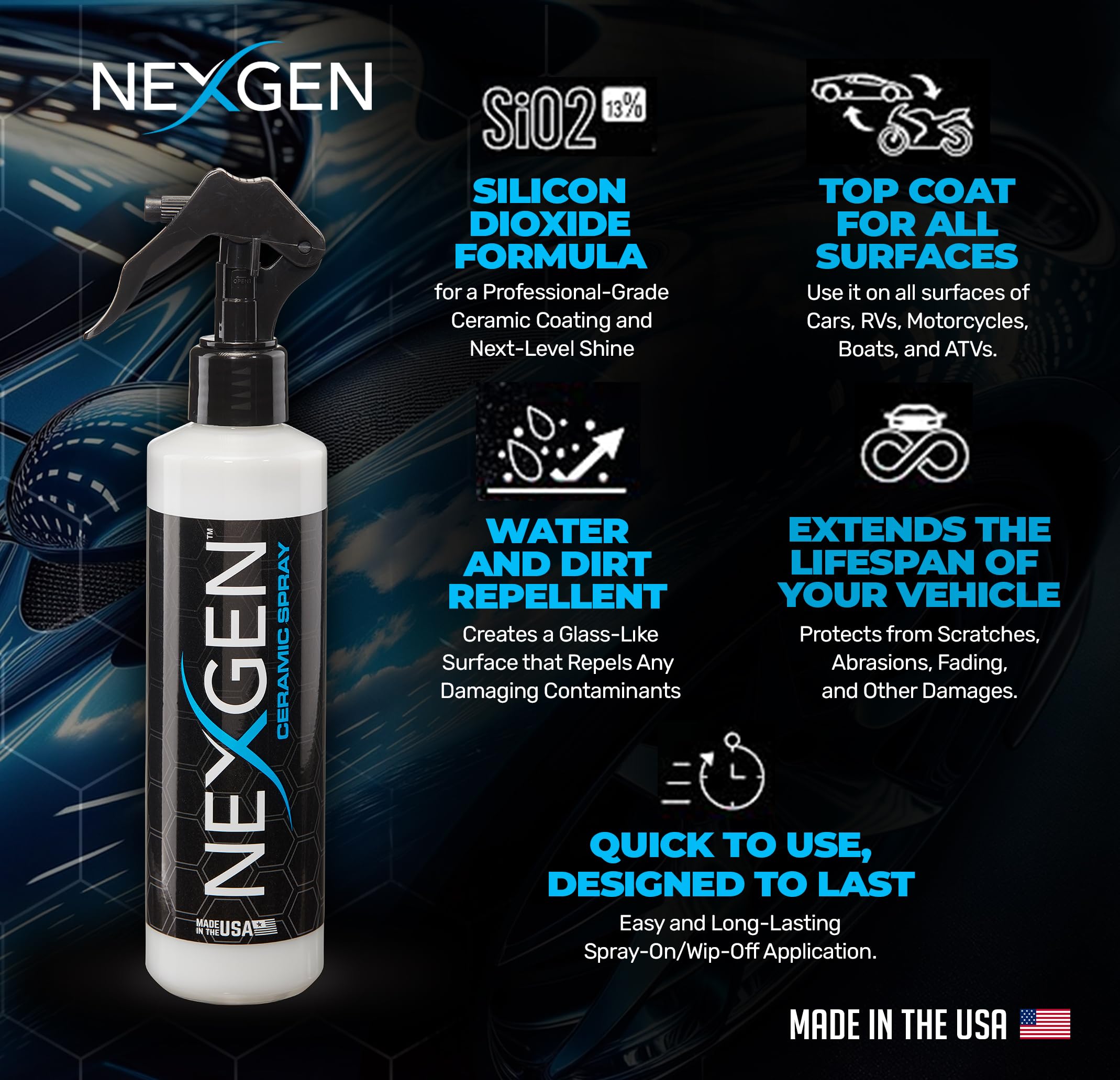 Nexgen Ceramic Spray Silicon Dioxide — Easy to Apply, Ceramic Coating Spray — Professional-Grade Protective Sealant Polish for Cars, RVs, Motorcycles, Boats, and ATVs — 8oz Bottle