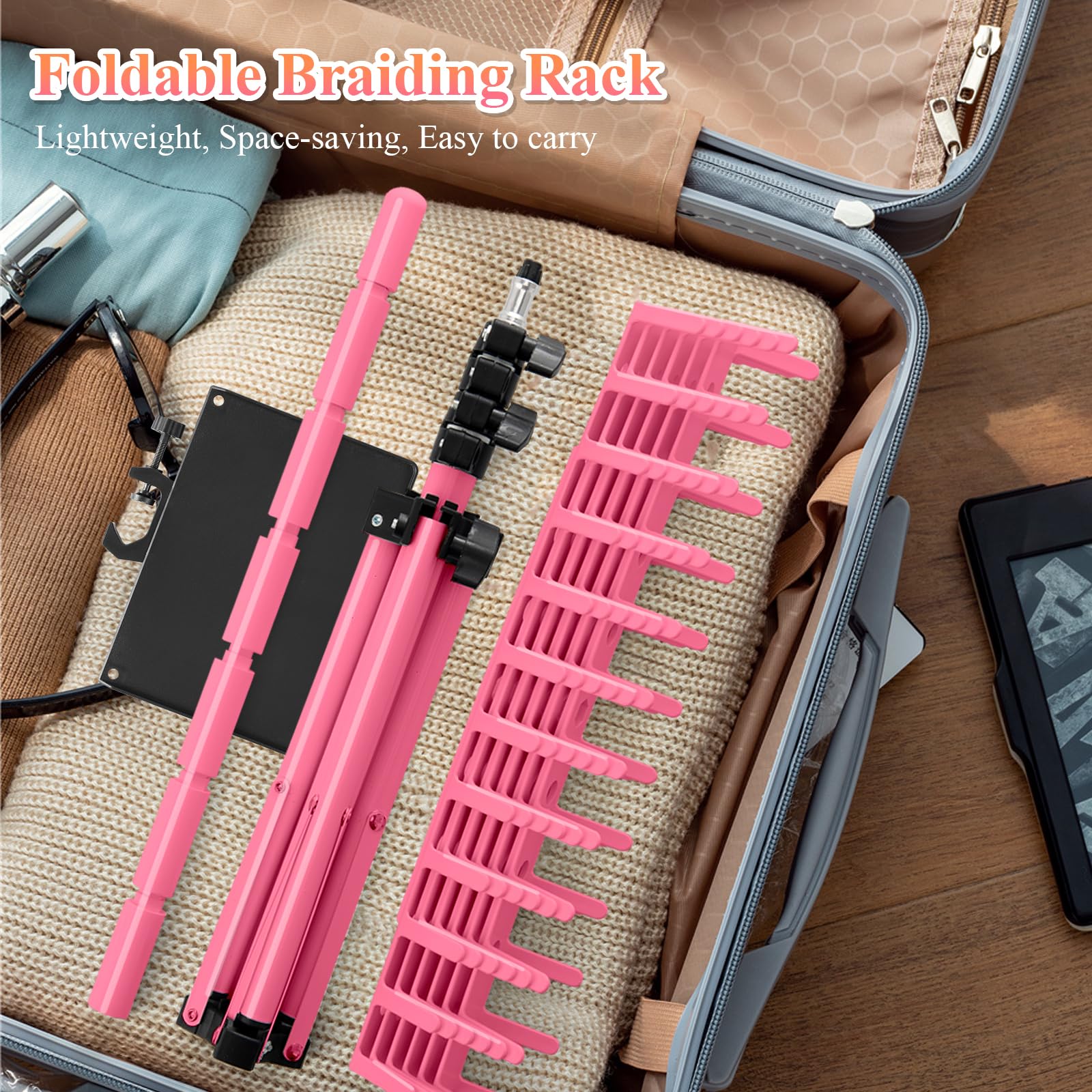 OLMRJKD Braiding Hair Rack with Tray, 144 Pegs Height Adjustable Braiding Rack, 2-side Hair Extension Holder Hanger, Hair Stand with Stylist Hair Braiding Tools for Hair Salon Home Traveling (Pink)