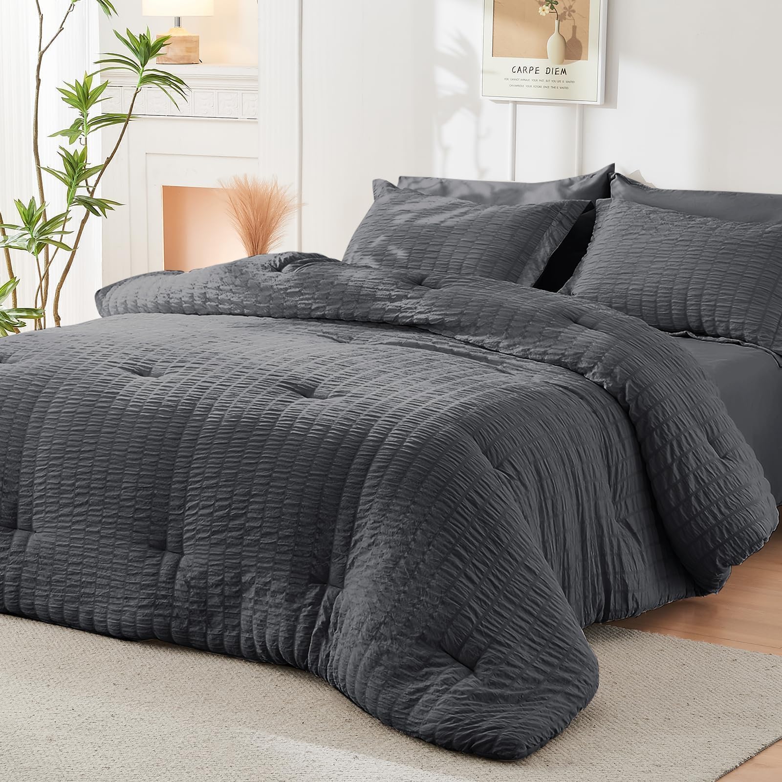 HYMOKEGE Queen Comforter Set Seersucker 7 Pieces, All Season Luxury Bed in a Bag for Bedroom, Bedding Set with Comforters, Sheets, Pillowcases & Shams, Dark Grey