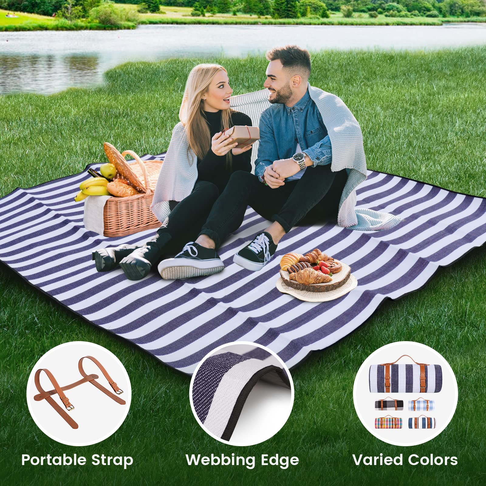 sapsisel 80”x 80” Picnic Blanket Extra Large, Waterproof and Foldable Beach Blanket, 3-Layer Outdoor Blanket for 6 to 8 Adults, for Camping, Park, Beach, Grass, Indoors…