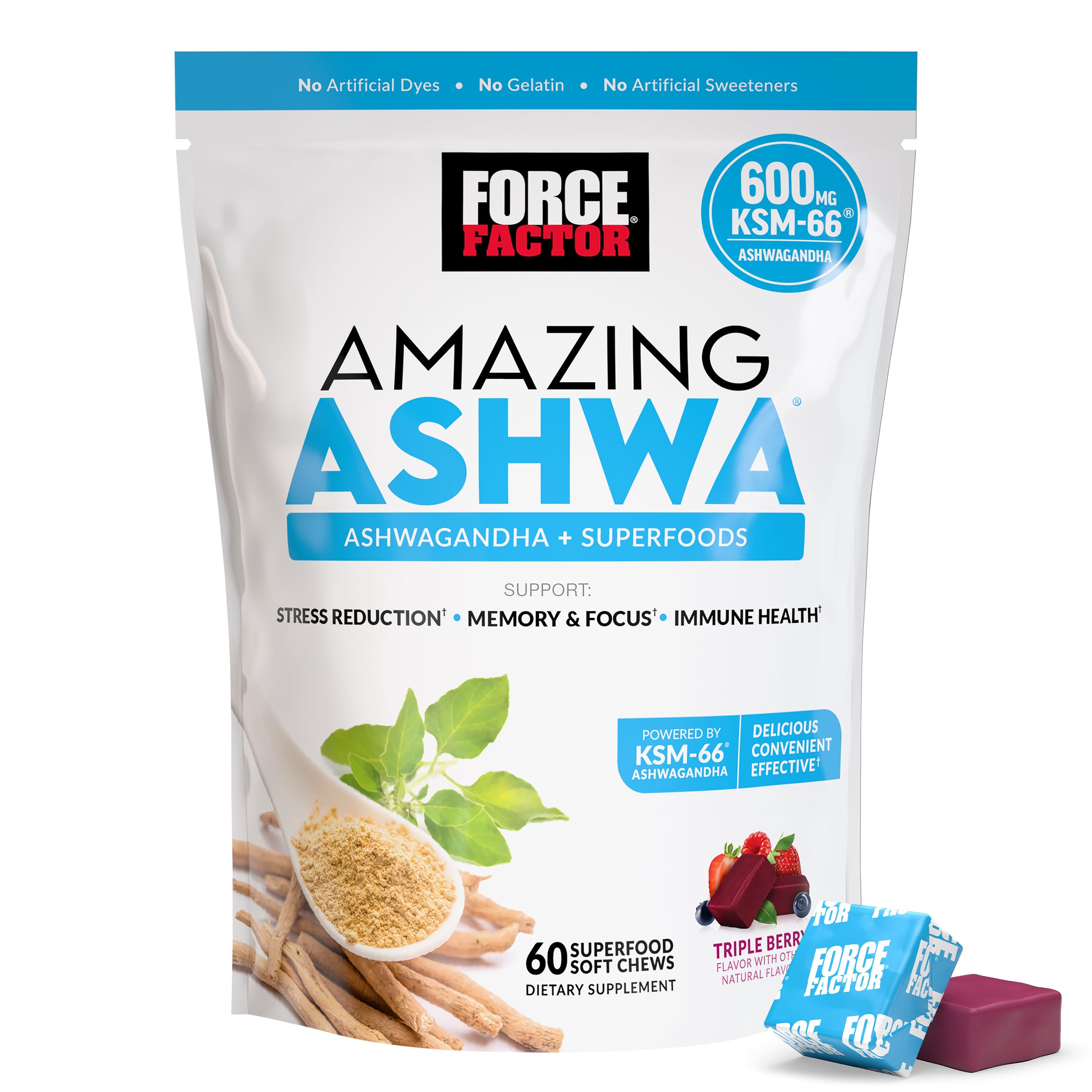 أقراص Force Factor Amazing Ashwa القابلة للمضغ لدعم الصحة وتخفيف التوتر والذاكرة والتركيز والمناعة، مكمل الأشواغاندا مع KSM-66 أشواغاندا لتخفيف التوتر، 60 قرصًا للمضغ