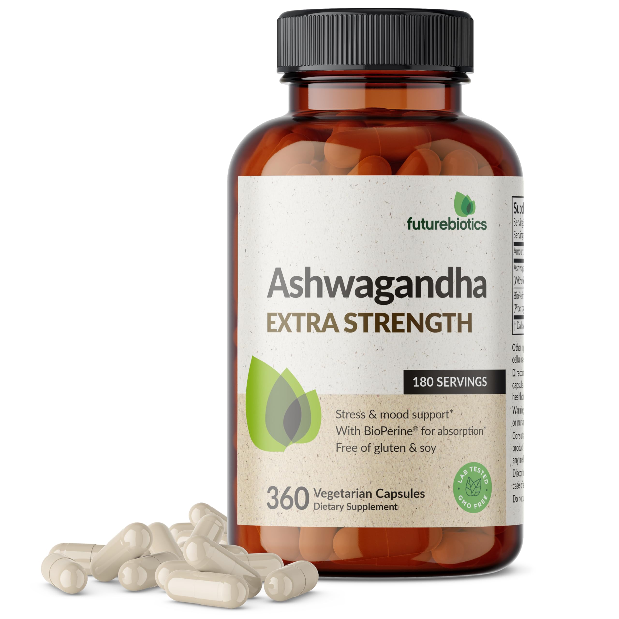 Futurebiotics Ashwagandha Extra Strength Stress & Mood Support with BioPerine - Non GMO Formula, 100 Vegetarian Capsules