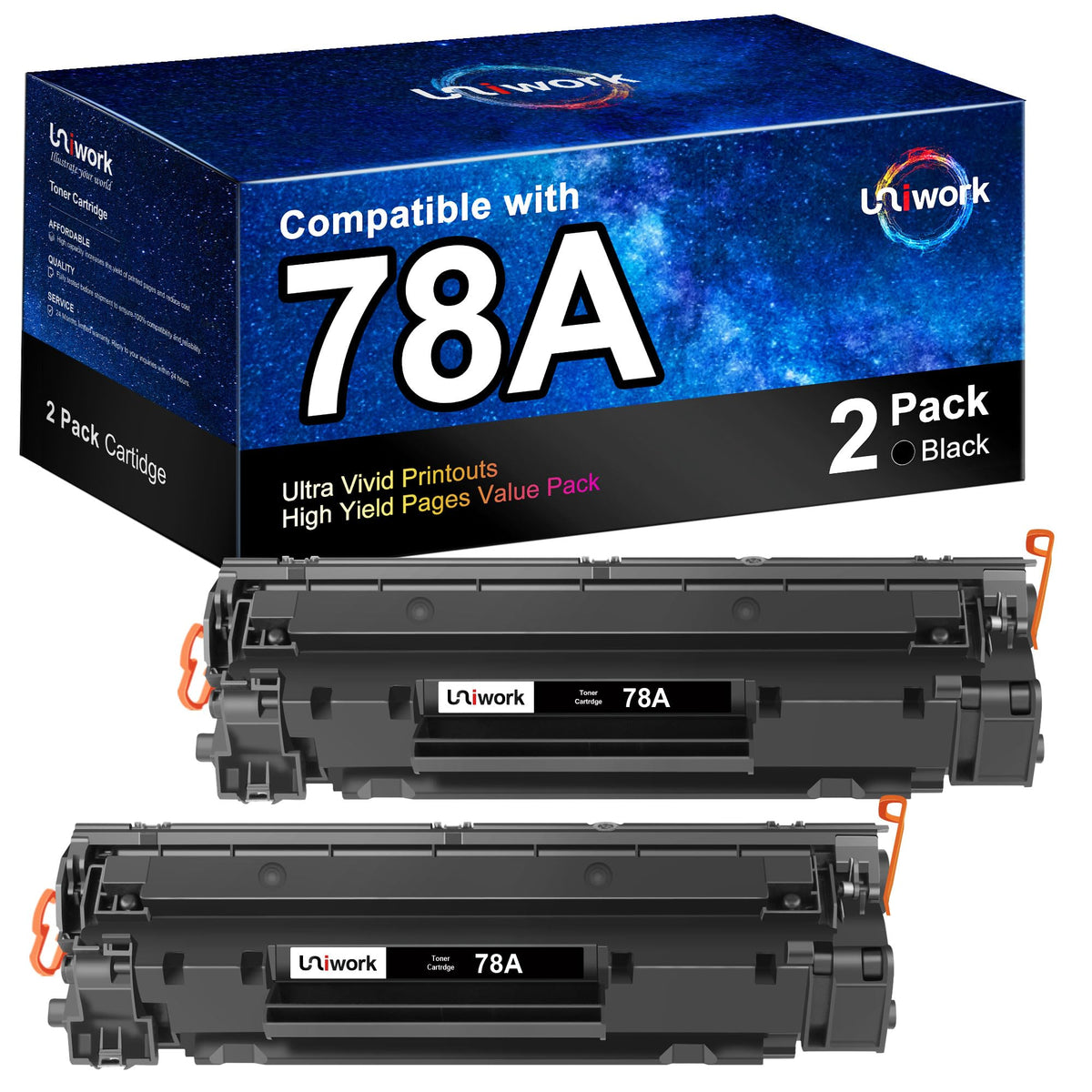 Uniwork 78A Schwarze Tonerkartuschen (2er-Pack) – Kompatibler Toner-Ersatz für HP 78A CE278A Tonerkartuschen Kompatibel mit HP Laserjet Pro P1566, P1606 Serie, HP Laserjet Pro MFP M1536 Serie | CE278A