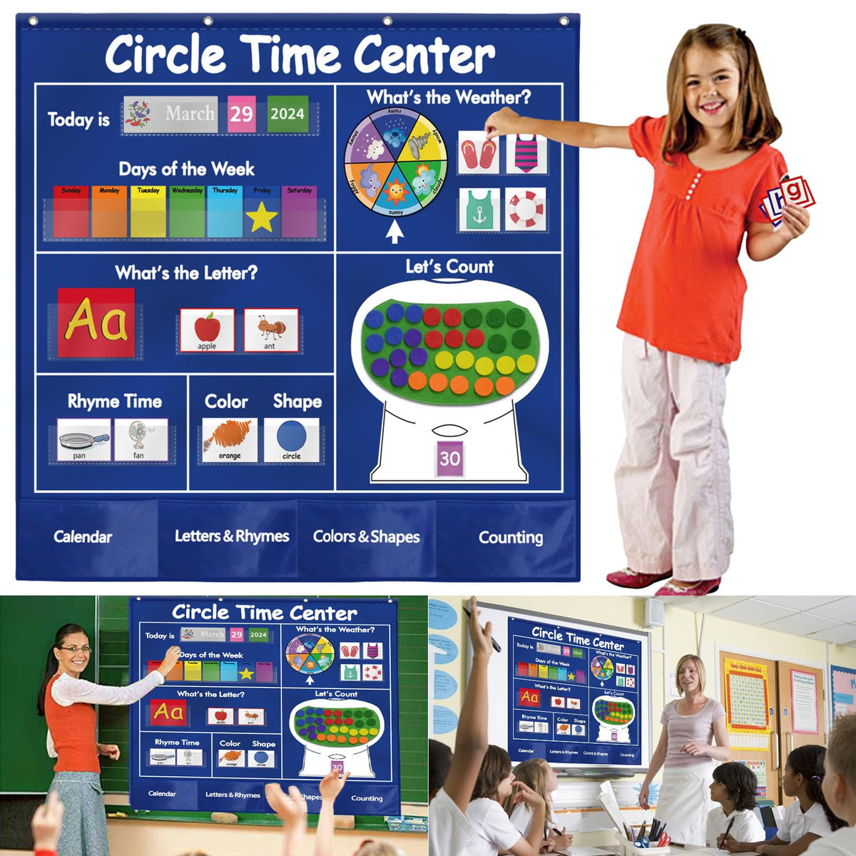 KIKIGOAL Circle Time Center Classroom Pocket Chart Educational Pocket Chart Teaching Materials Learning Calendar Weather Counting Letter Color Shape etc
