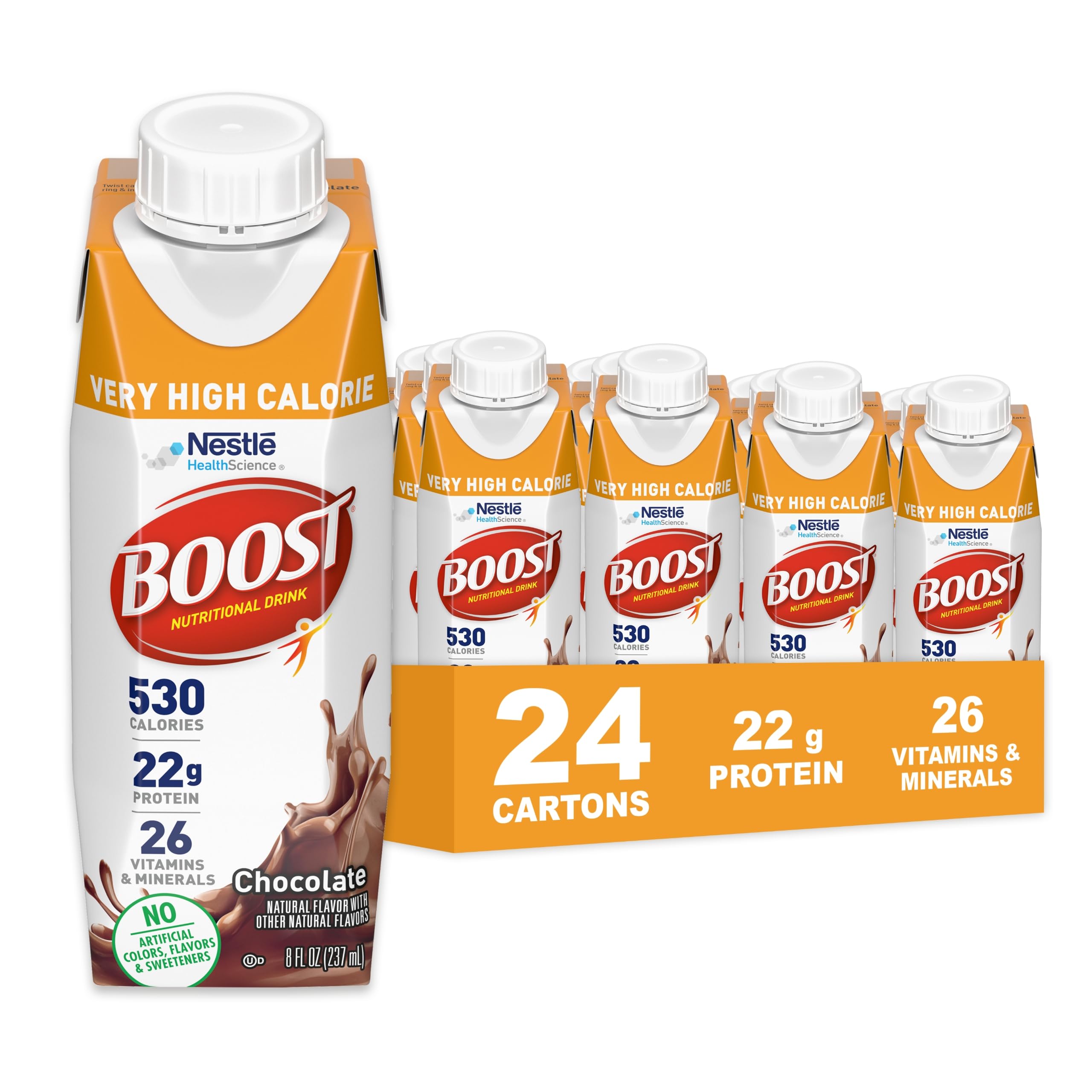 Boost Very High Calorie Chocolate Nutritional Drink – 22g Protein, 530 Nutrient Rich Calories, 8 Fl Oz (Pack of 24)