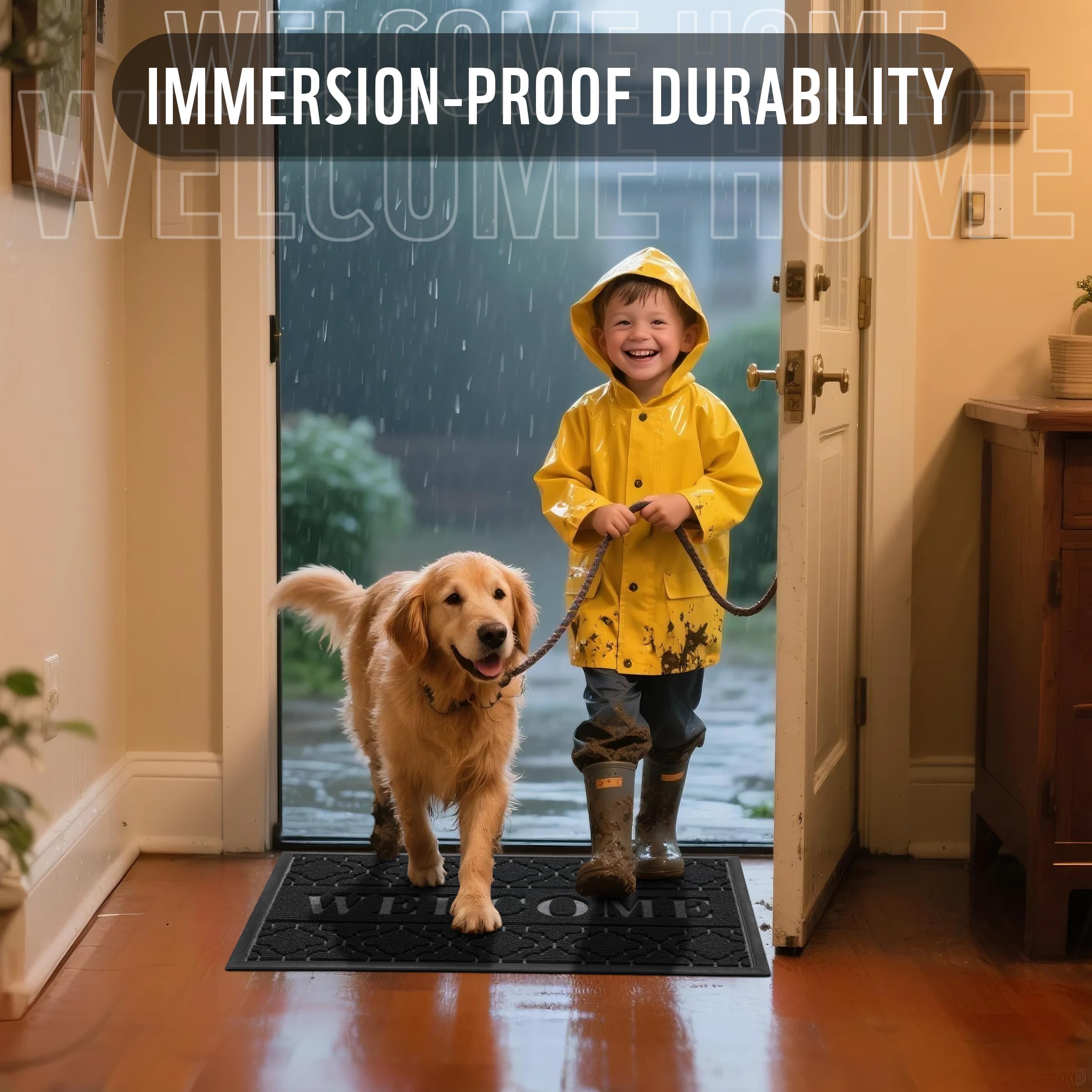 Yimobra Welcome Mat Outdoor Indoor 29.5x17, All-Weather Waterproof Front Door Mat Outside Entrance, Non-Slip Low Profile Porch Patio Doormat, Black