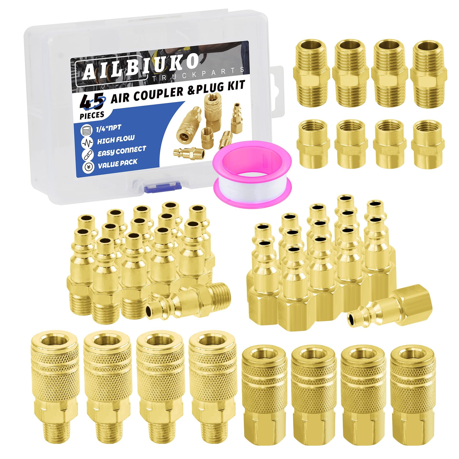 Ailbiuko Air Coupler & Plug Kit,45 Pcs 1/4" NPT Air Tool Fittings Set,Quick Connect Air Hose Fittings Air Compressor Accessories