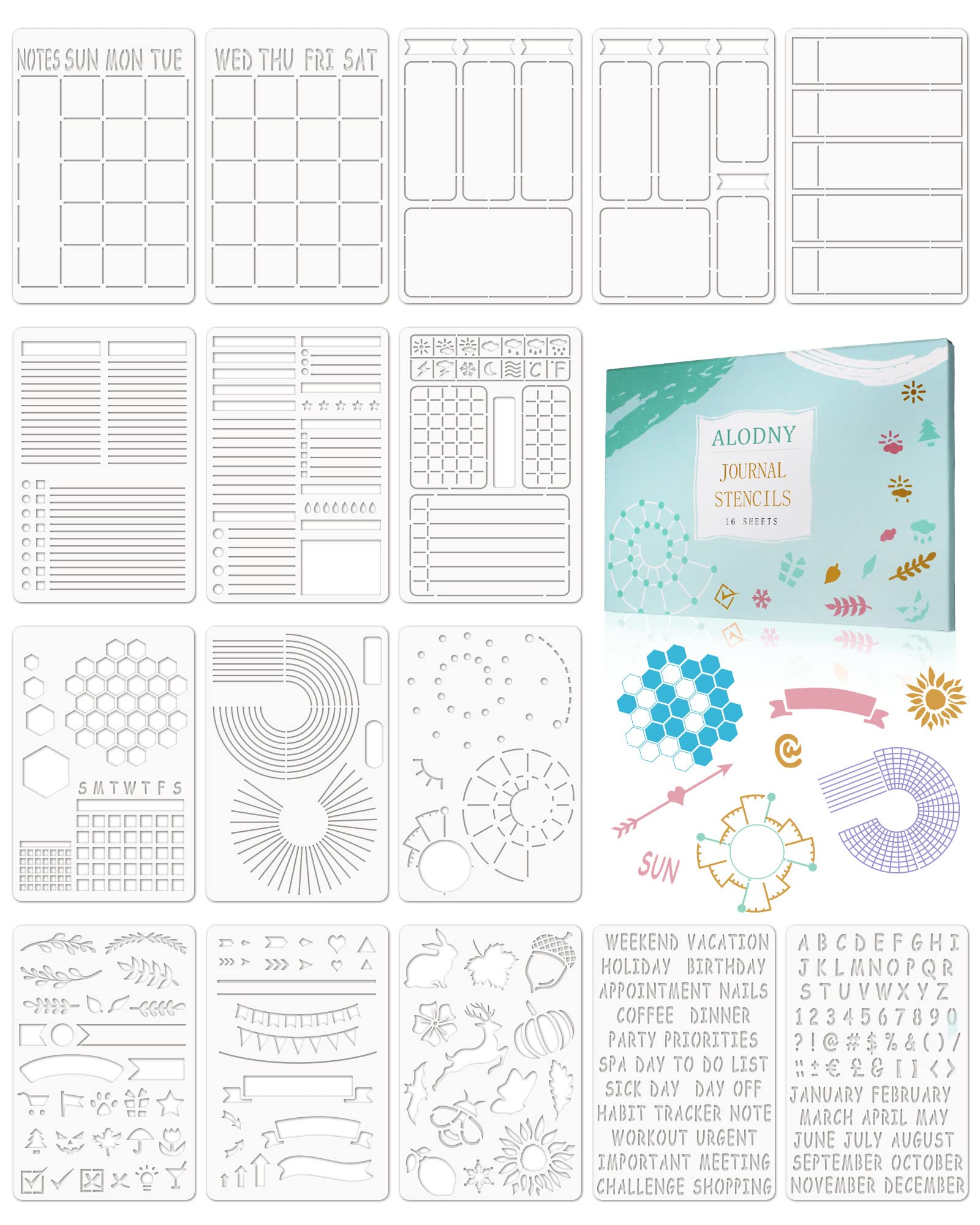 ALODNY 16 Pcs Journal Stencils Set - Time Saving Bullet Journaling Supplies/Accessories Kit -Ultimate Productivity Planner Stencil for Bullet Journal Stencils A5 Dotted Journals