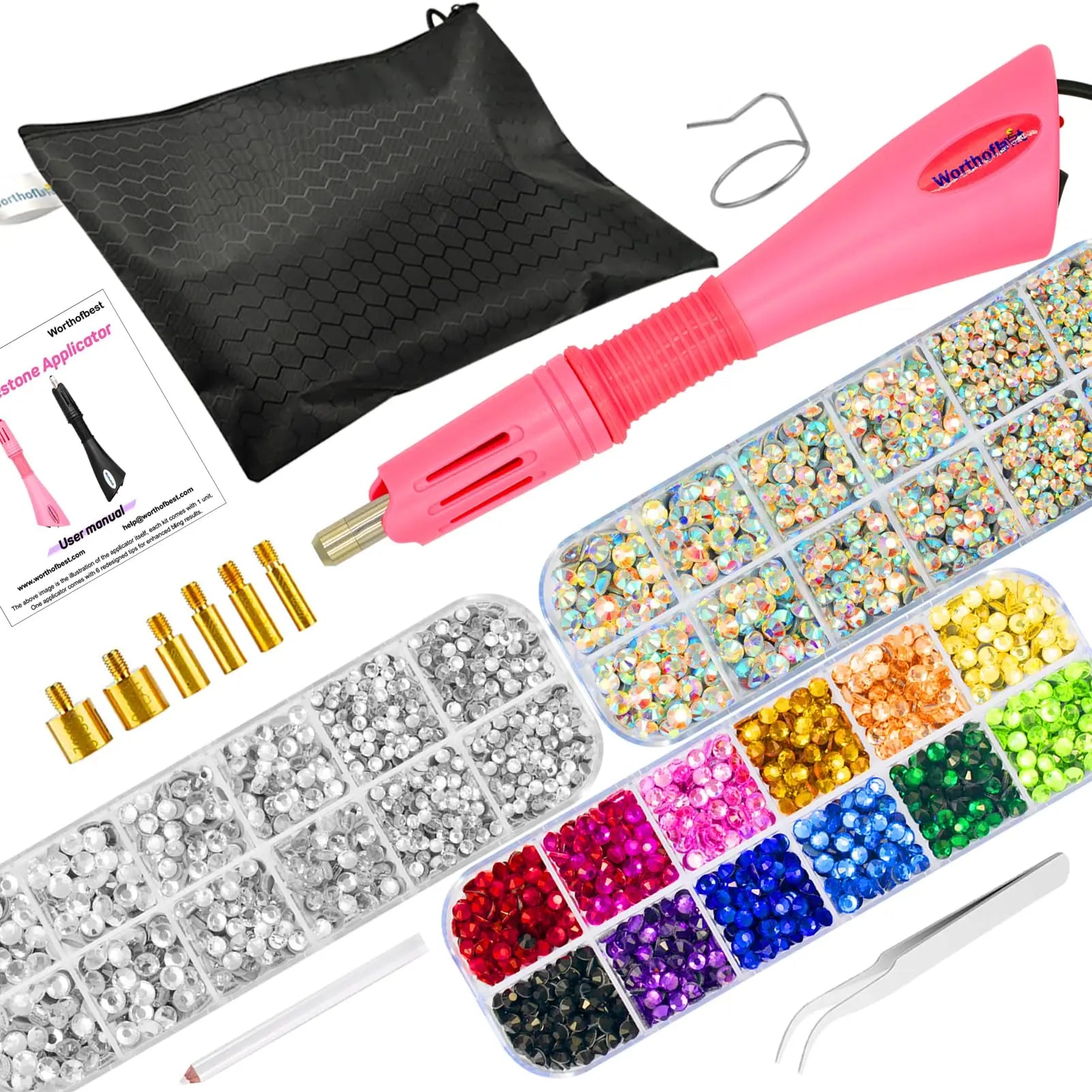 Worthofbest Hotfix Rhinestone Setter, Hot Fix Applicator Tool Bedazzler Kit with rhinestones, Kit, Hot Fixed Wand for Clothes Clothing Fabric Crafts, 5000 Pcs, AB Crystal, Clear, 3 Gems Sizes, Tips