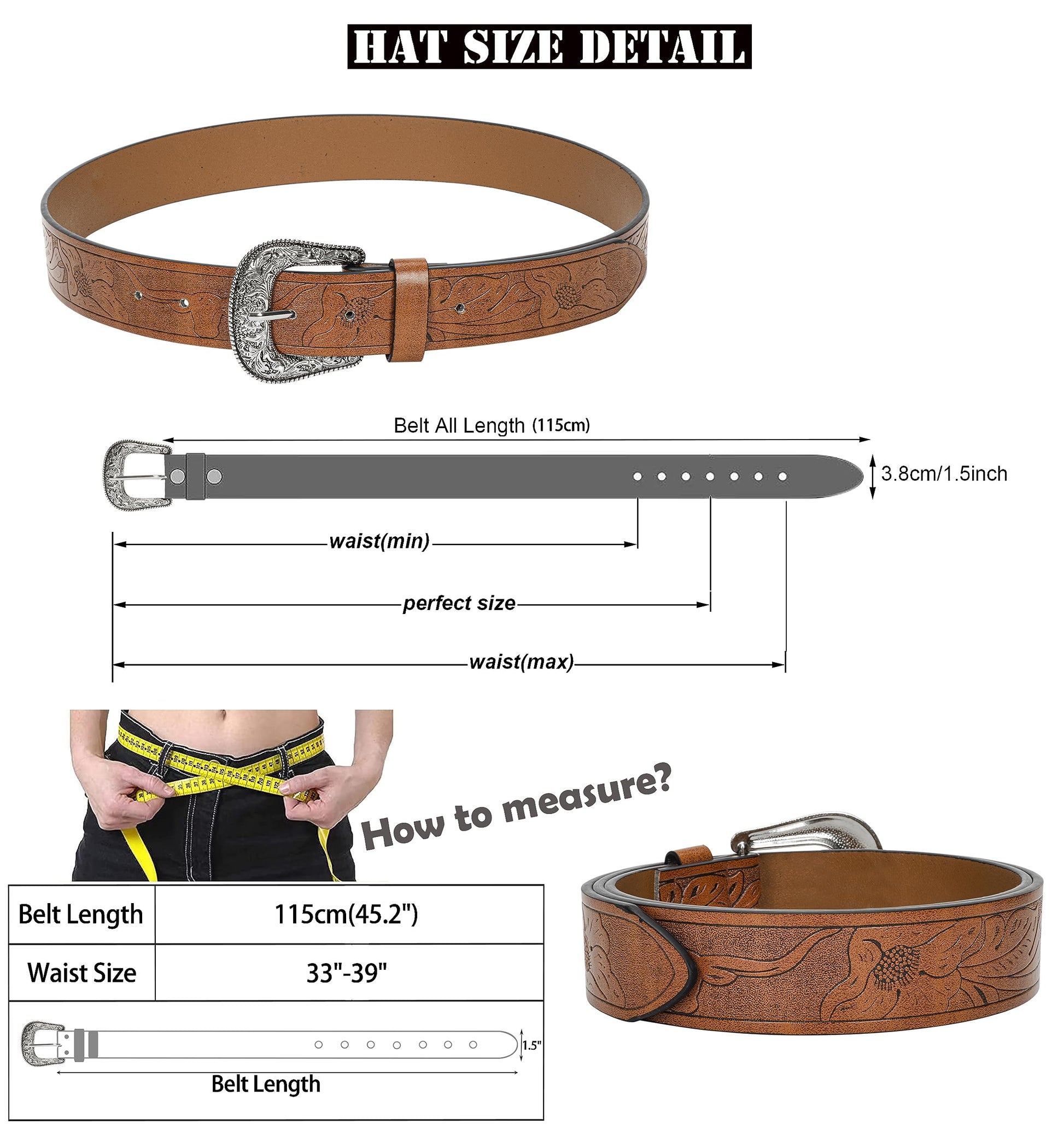 Western-Leather-Belts-Women Vintage Waist-Belts with Hollow Out Flower Buckle