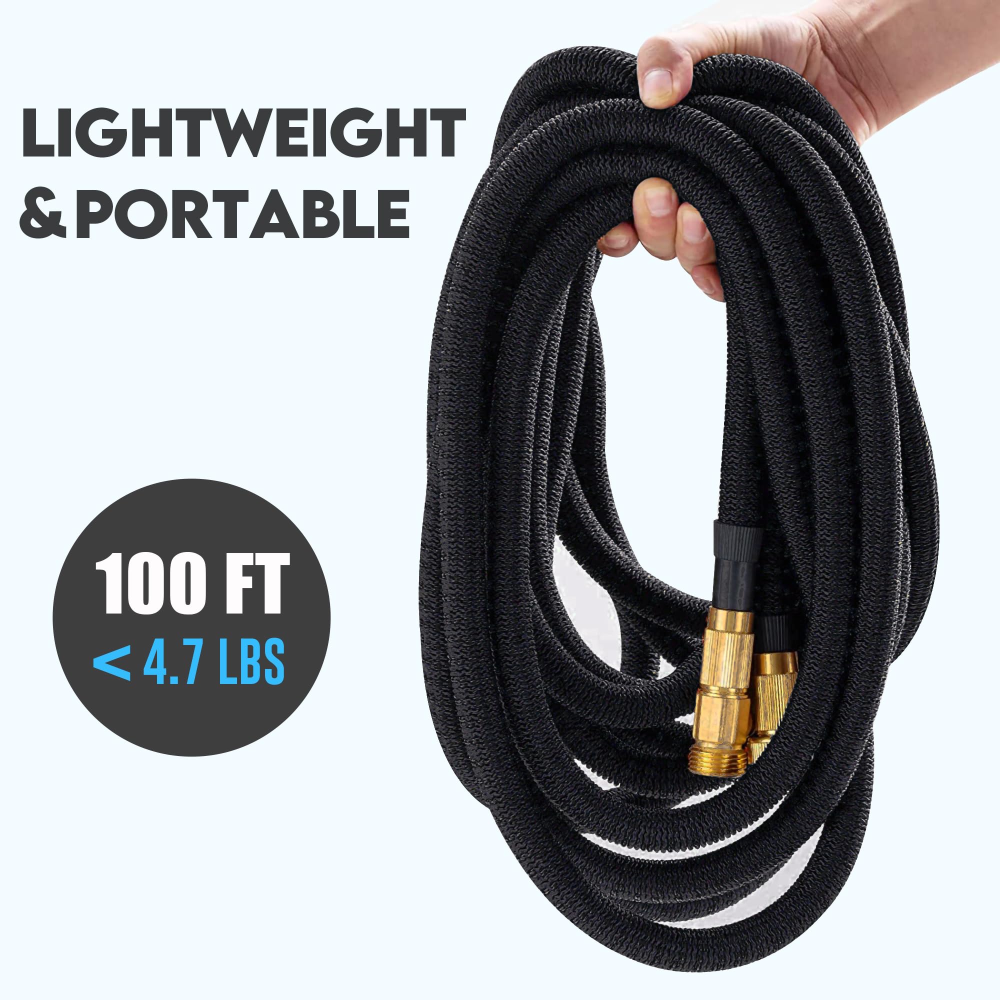 100 ft Expandable Garden Hose with 10 Function Nozzle Sprayer, Lightweight Flexible Water Hose with Durable Collapsible Latex Core & Solid Brass Fittings, 100ft Retractable Stretch Hose, Black