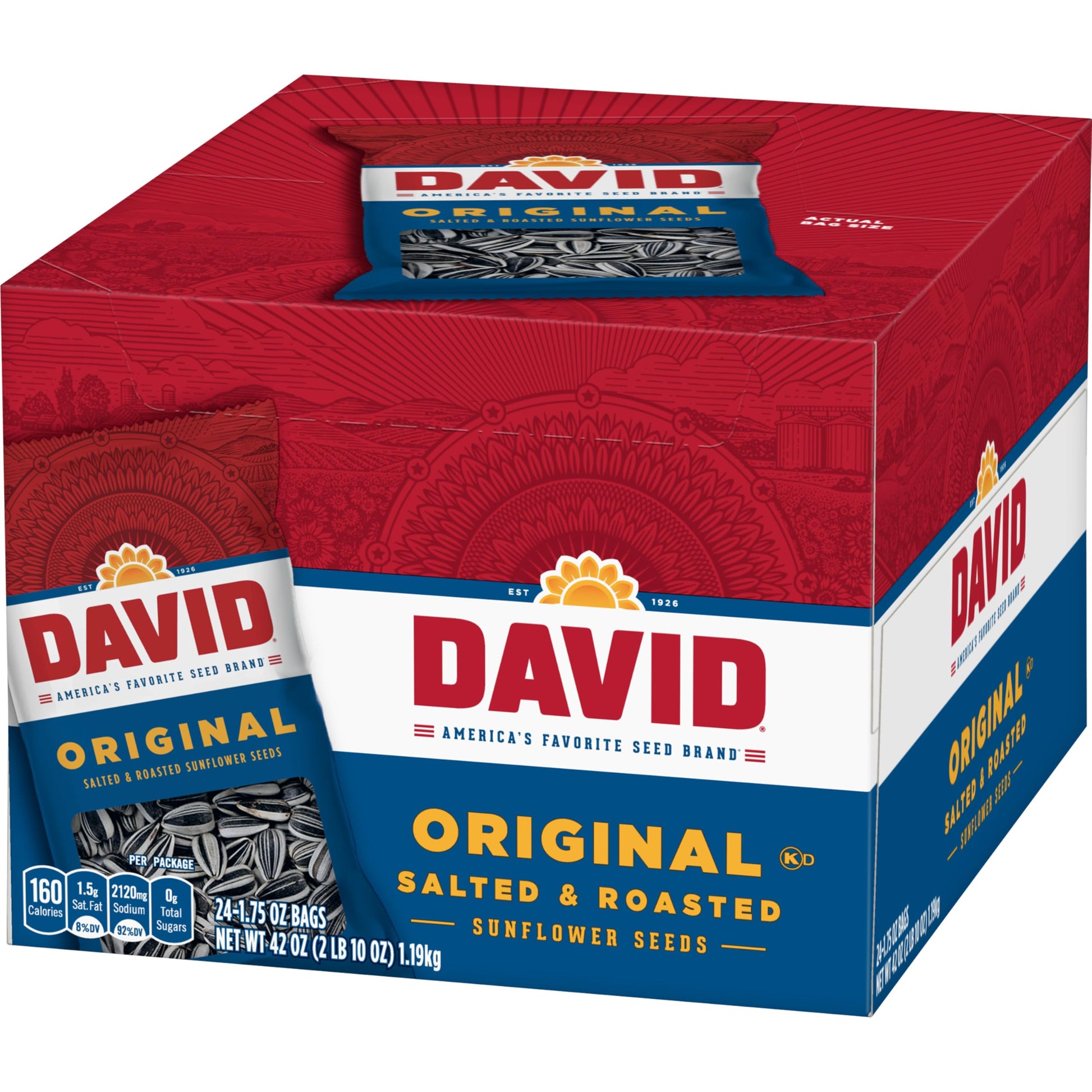 DAVID Roasted and Salted Sunflower Seeds, Original Flavor, 1.75oz. (Pack of 24)