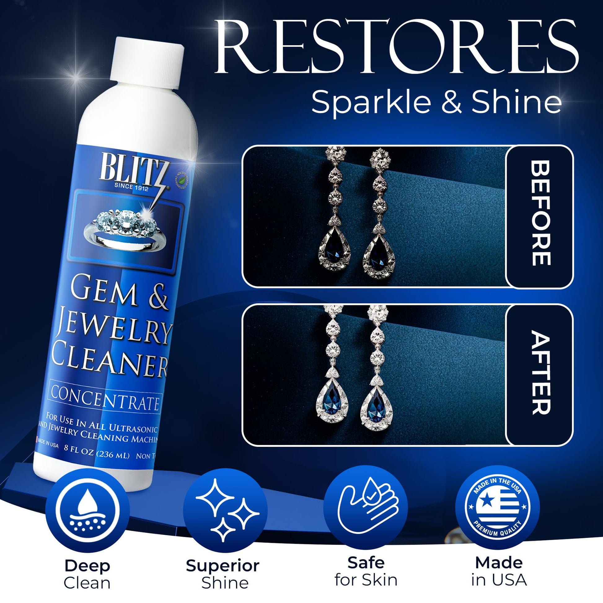 Blitz Gem & Jewelry Cleaner Liquid Concentrate for Gold, Silver, & Platinum Jewelry Cleans Non-Porous, Precious & Semi-Precious Stones. Non-Toxic, Non-Abrasive, & Planet Friendly Made in USA 8oz