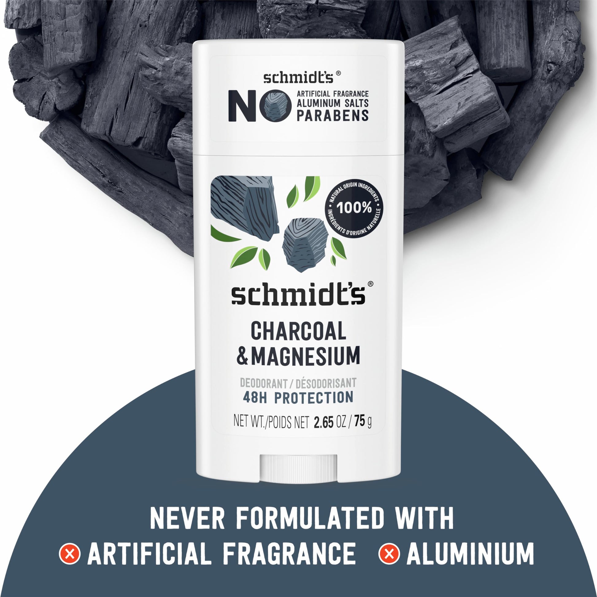 Schmidt's Aluminum-Free Vegan Deodorant Charcoal & Magnesium with 48 Hour Odor Protection, 2 Count for Women and Men, Natural Ingredients, Cruelty-Free, 2.65 oz, Pack of 2