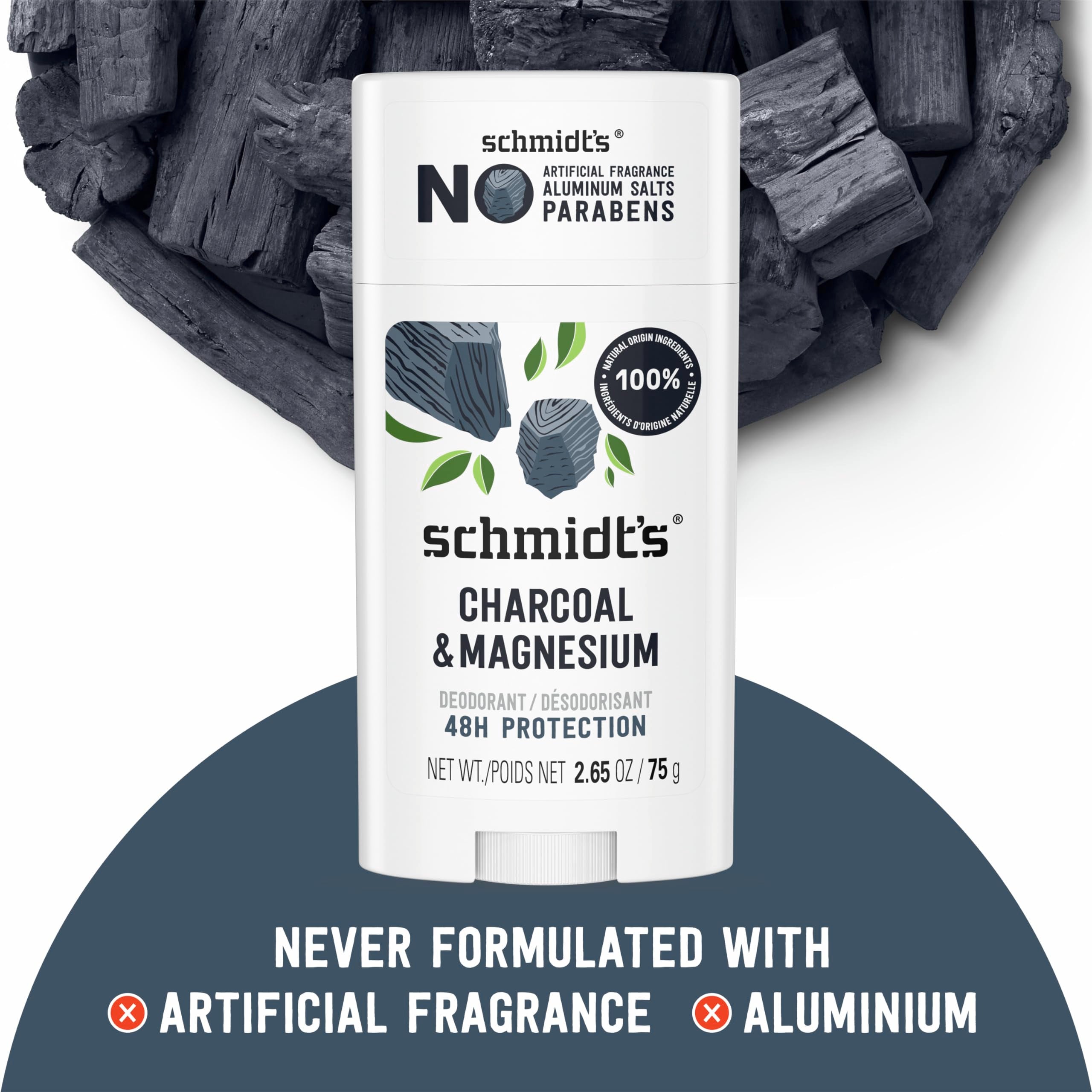 Schmidt's Aluminum-Free Vegan Deodorant Charcoal & Magnesium with 48 Hour Odor Protection, 2 Count for Women and Men, Natural Ingredients, Cruelty-Free, 2.65 oz, Pack of 2