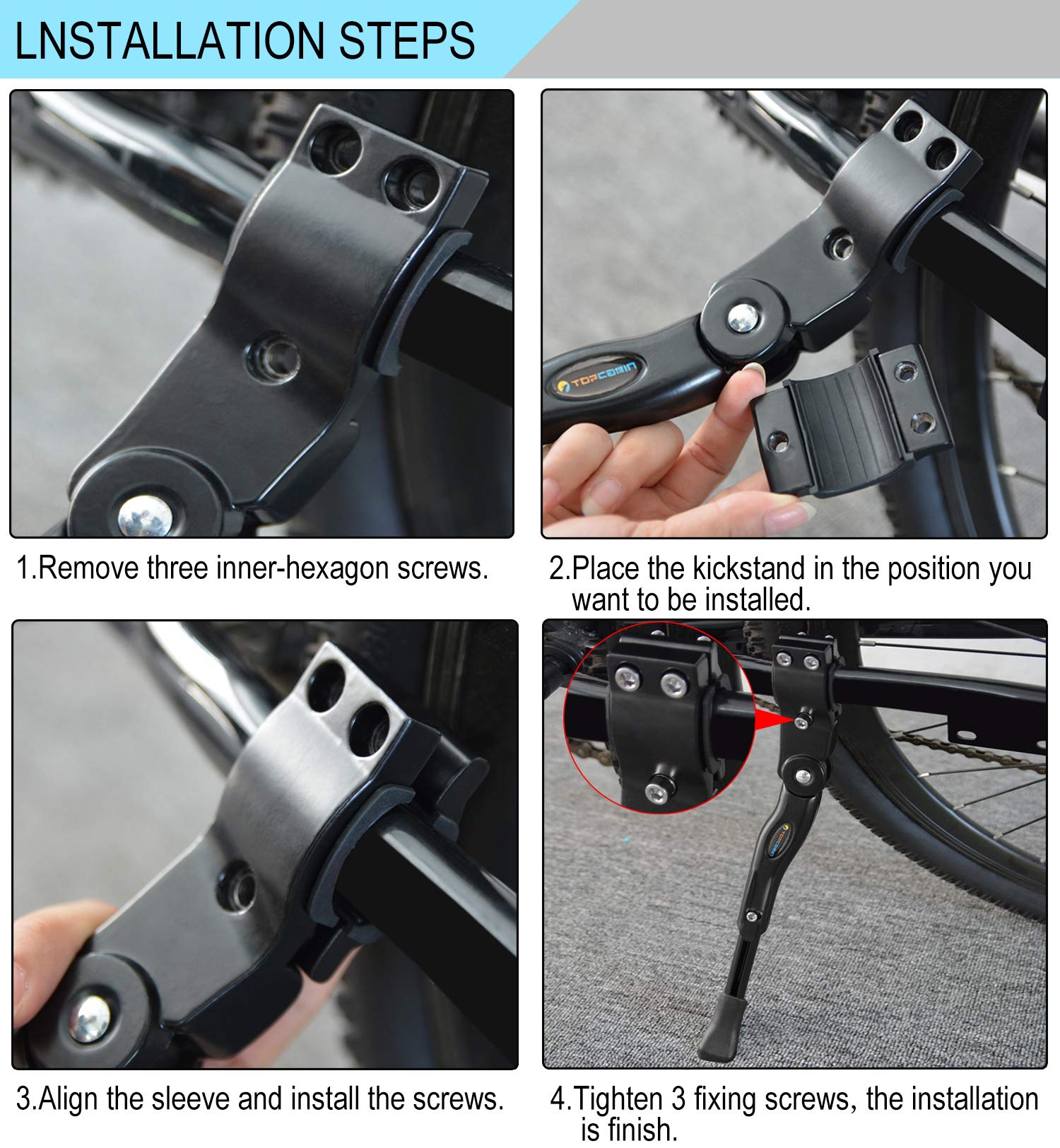 TOPCABIN Bike Kickstand Adjustable Aluminium Alloy Bicycle Kickstand Bike Side Kickstand Fit for 22" 24" 26" 28" Mountain Bike Road Bike/BMX/MTB (Black for 22-24-26-27-28 inch bike)