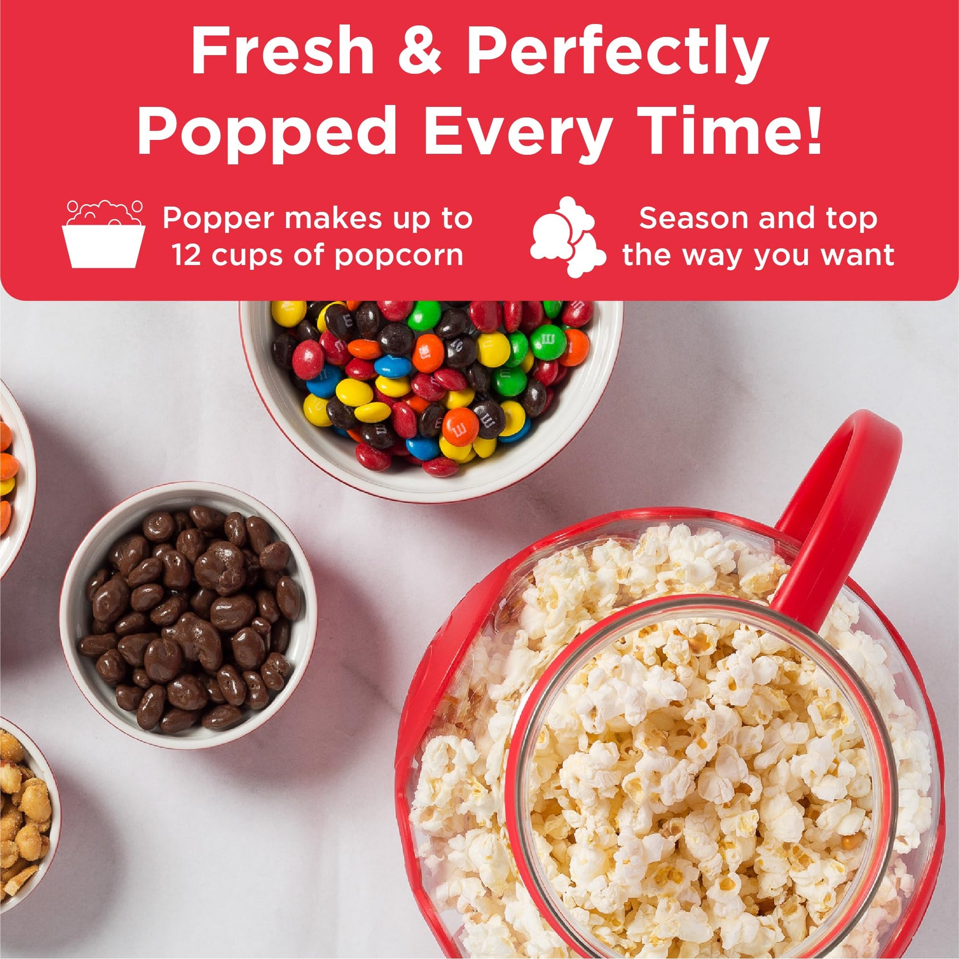 Ecolution Patented Micro-Pop Microwave Popcorn Popper with Temperature Safe Glass, 3-in-1 Lid Measures Kernels and Melts Butter, Made Without BPA, Dishwasher Safe, 3-Quart, Red