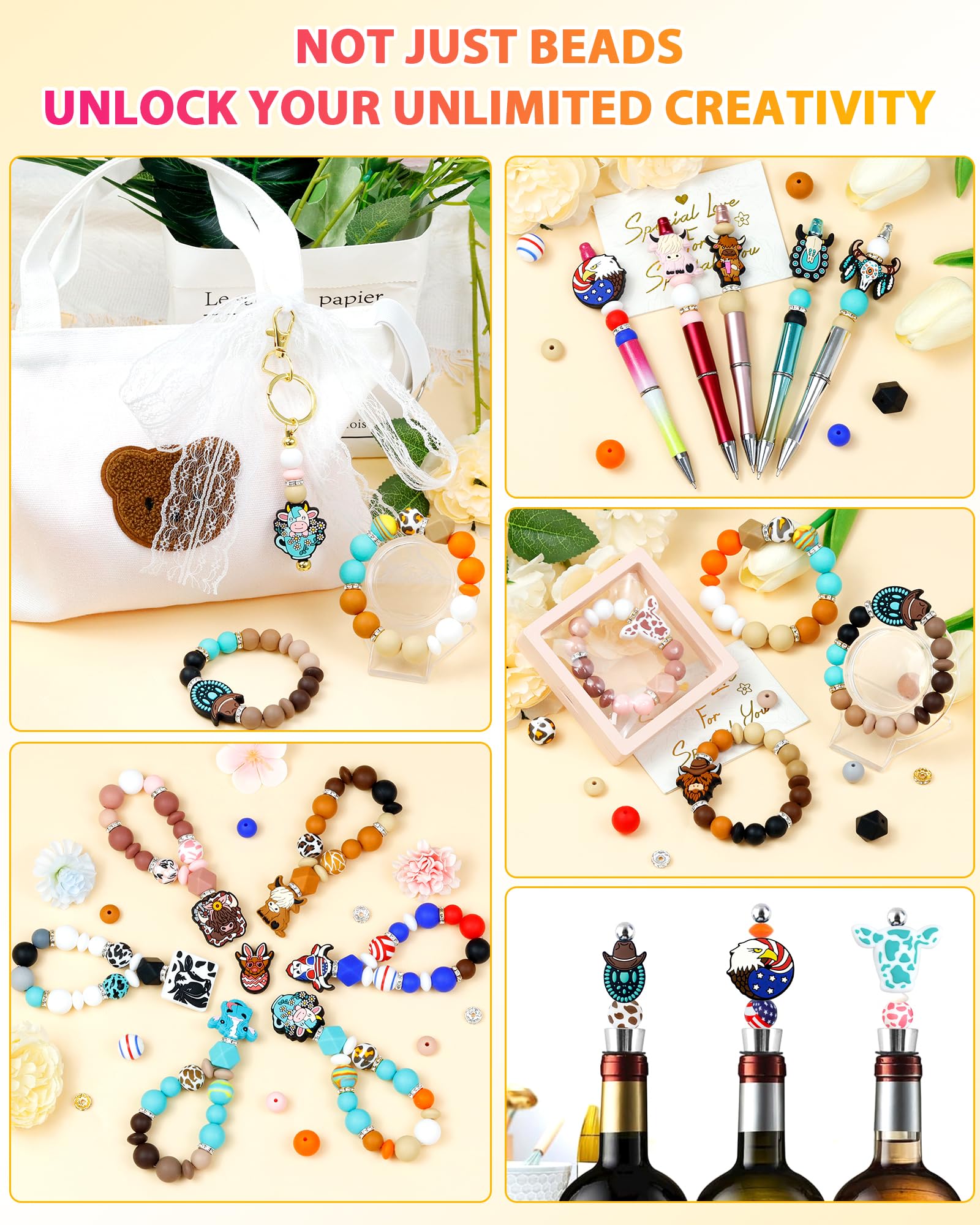 112PCS FIVEIZERO 12mm 15mm Cow Focal Silicone Beads for Keychain Making, Round, Lentil, Hexagonal, Print, 10mm Rhinestone Rondelle Spacers Beads for Bracelet, Pens, Necklace Crafts(Pink Brown)