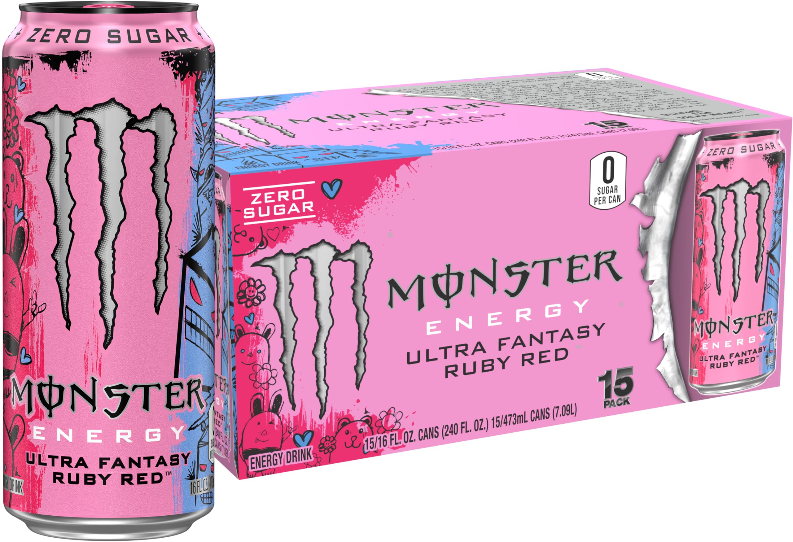 Monster Energy Ultra Fantasy Ruby Red, Sugar Free Energy Drink, 16 Ounce (Pack of 15)