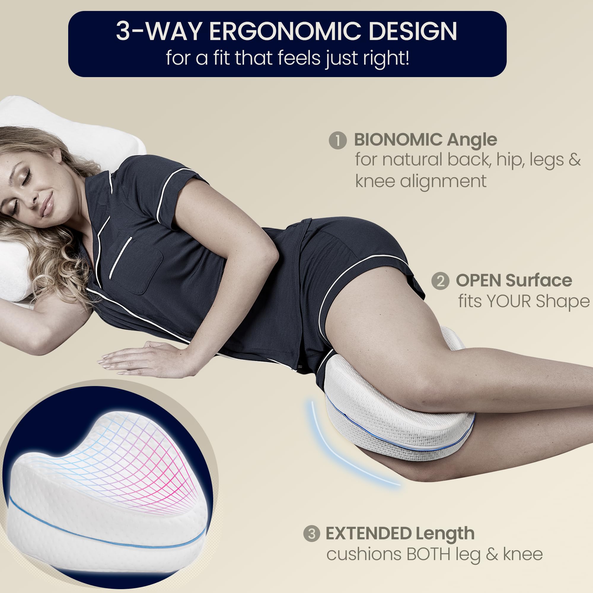 Contour Legacy Leg & Knee Foam Support Pillow for Side Sleepers Soothing Relief for Back, HIPS, Knees, Joints, Nerves & Muscles