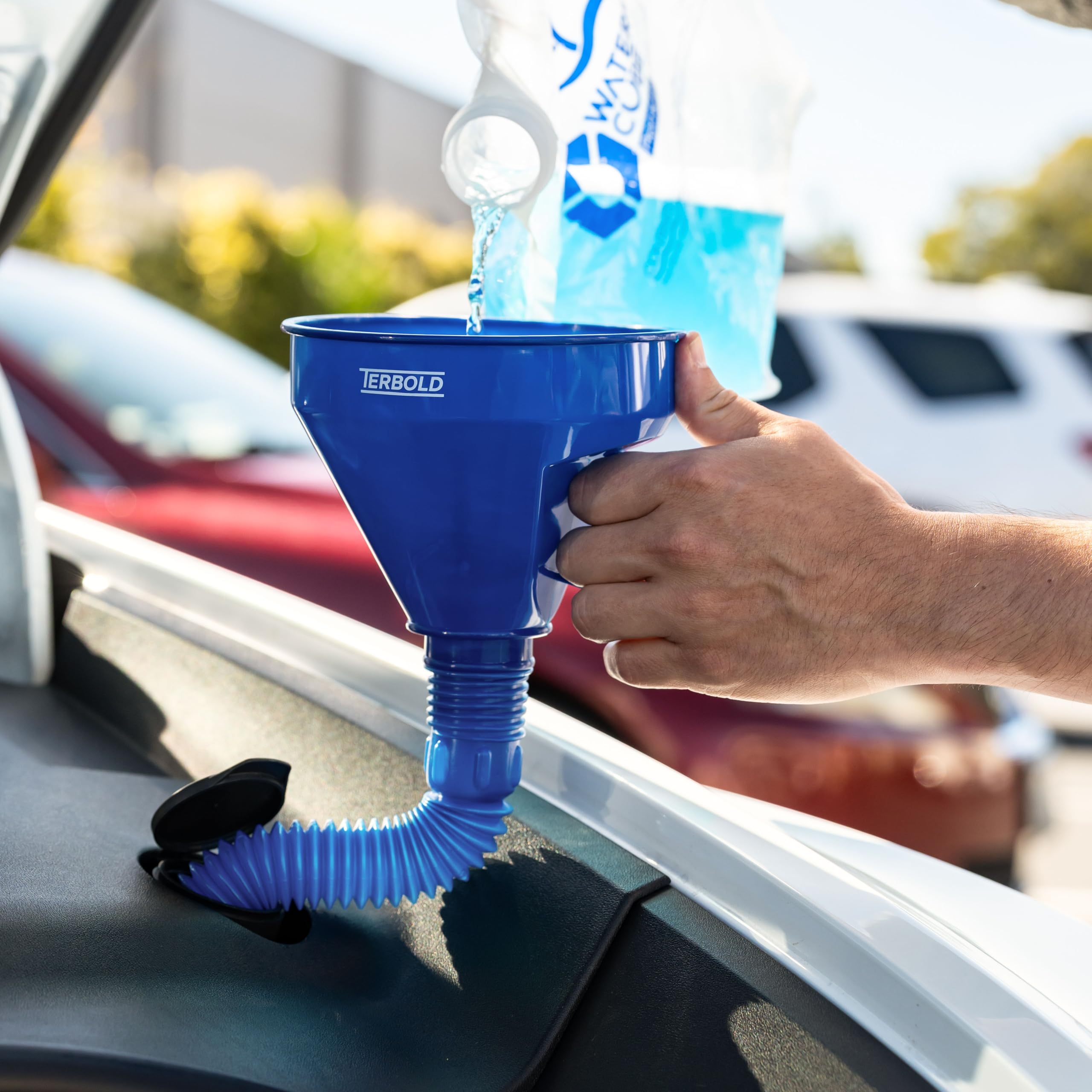 Terbold Automotive Flex Funnel with Hose | Wide Mouth Flexible Oil Funnel for Automotive Use - Gas, Transmission Fluid, Car Fuel, Oil Change (Blue)