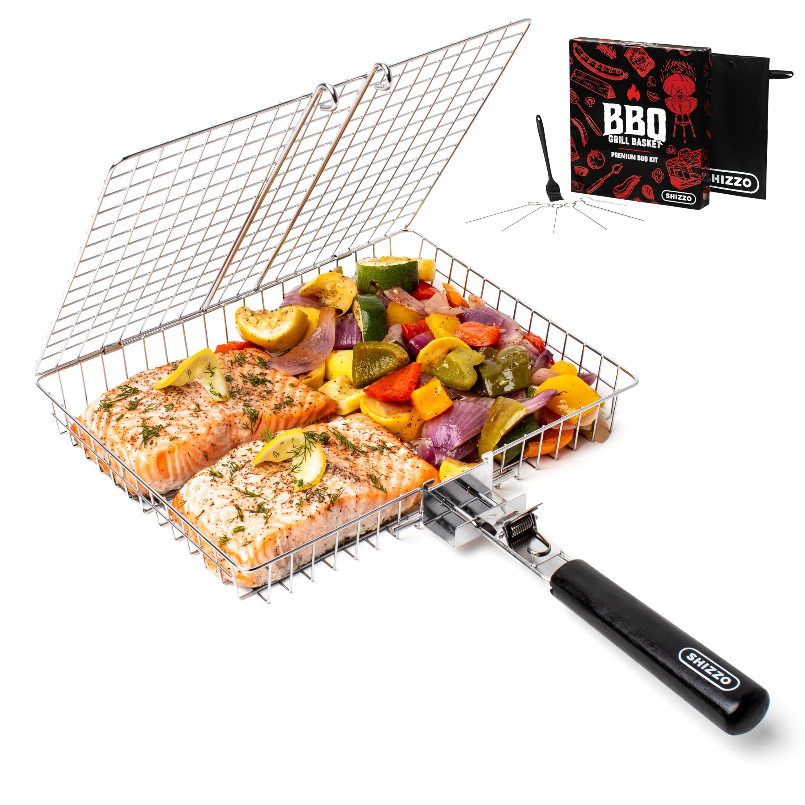 SHIZZO Grill Basket Set, Barbecue BBQ Grilling, Stainless Steel Folding Portable Outdoor Camping Rack for Fish, Shrimp, Vegetables, Cooking Accessories, Gifts for Dad, husband, Friends