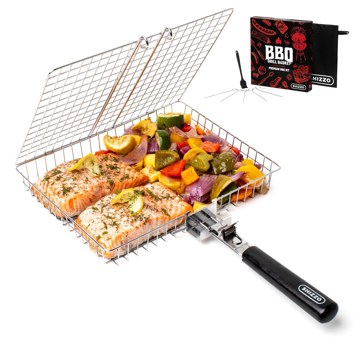 SHIZZO Grillkorb-Set, Barbecue BBQ Grillen, Edelstahl faltbar tragbarer Outdoor Camping Rost für Fisch, Garnelen, Gemüse, Kochzubehör, Geschenke für Papa, Ehemann, Freunde