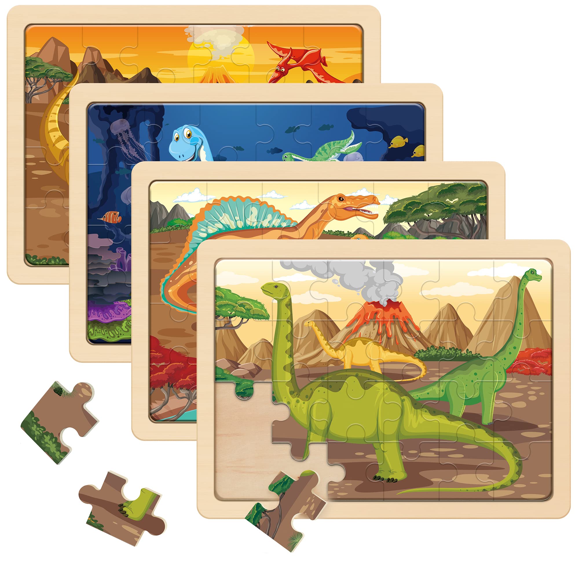 SYNARRY Large Dinosaur Wooden Puzzles for Kids 4 in 1 Gift Box(12.2*9.4 in) - FSC Certified, Jigsaw Puzzles for Toddlers 2-4, Puzzles for Kids Ages 4-6, Dinosaur Toys Gifts for 3 4 5 Year Old Boy Girl
