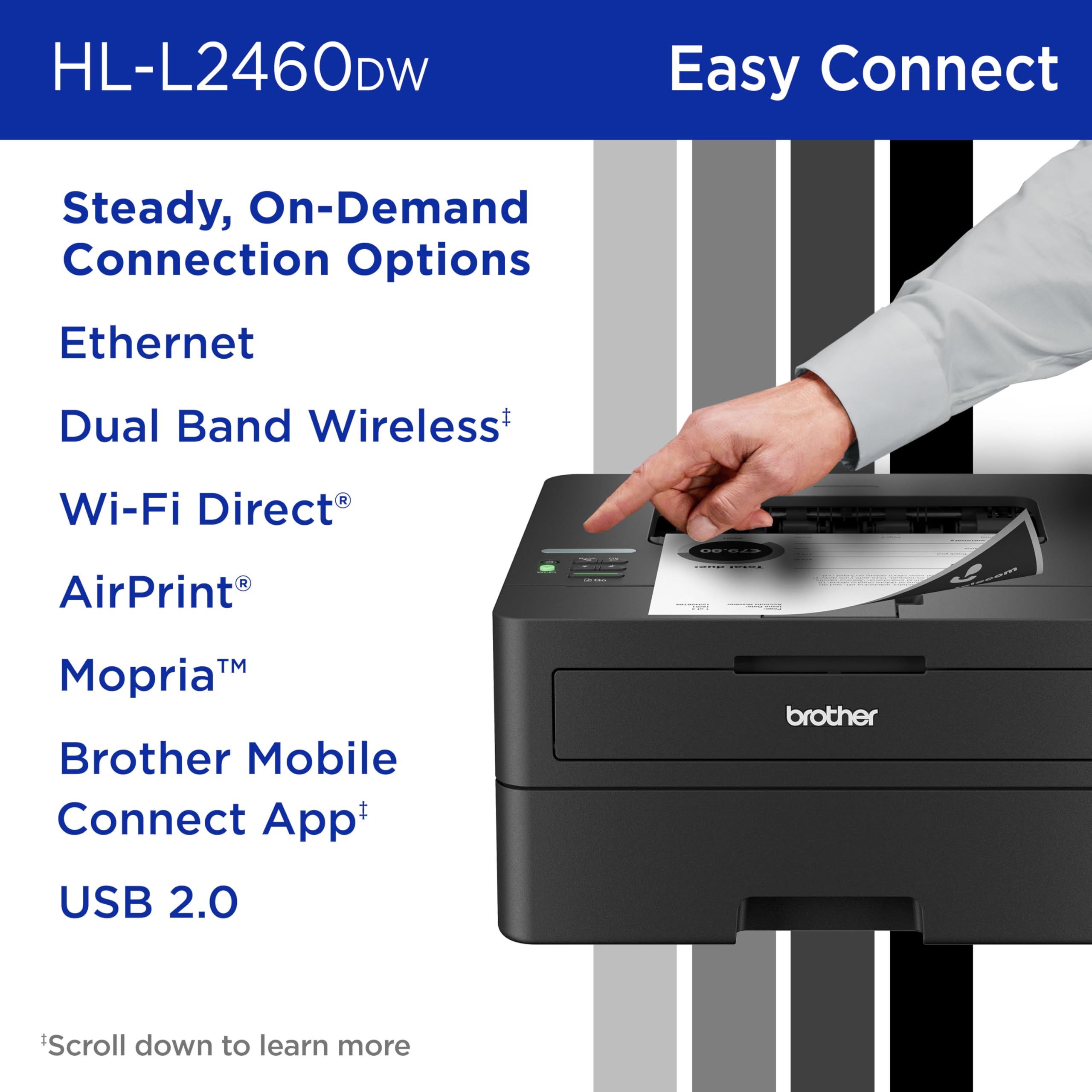 Brother HL-L2460DW Wireless Compact Monochrome Laser Printer with Duplex, Mobile Printing, Black & White Output
