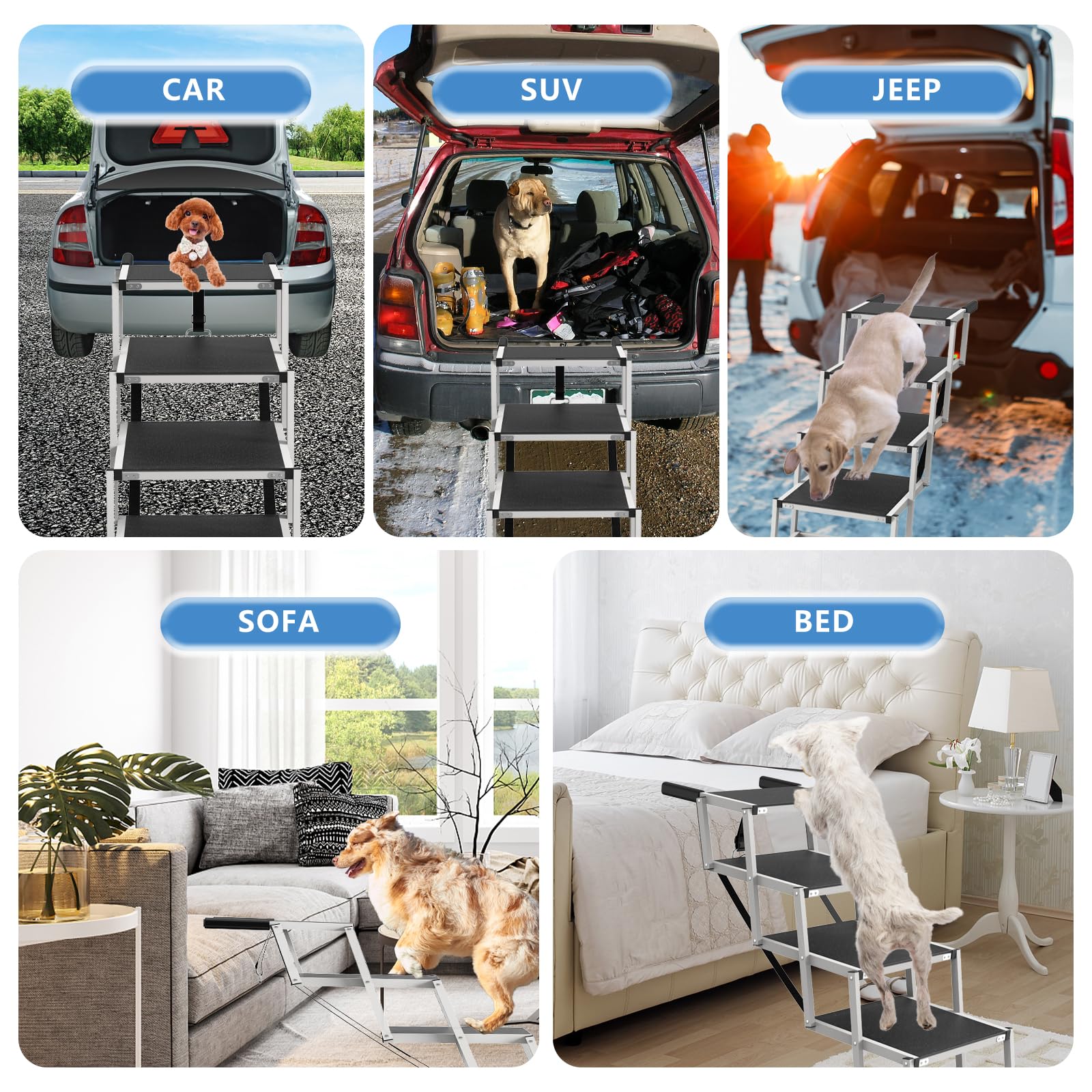 Deergym Dog Stairs for Large Dogs - 5 Step Foldable Dog Ramp for Car Non-Slip Surface Support up to 230lbs - Suitable for SUV,Truck, Sofas, Bed