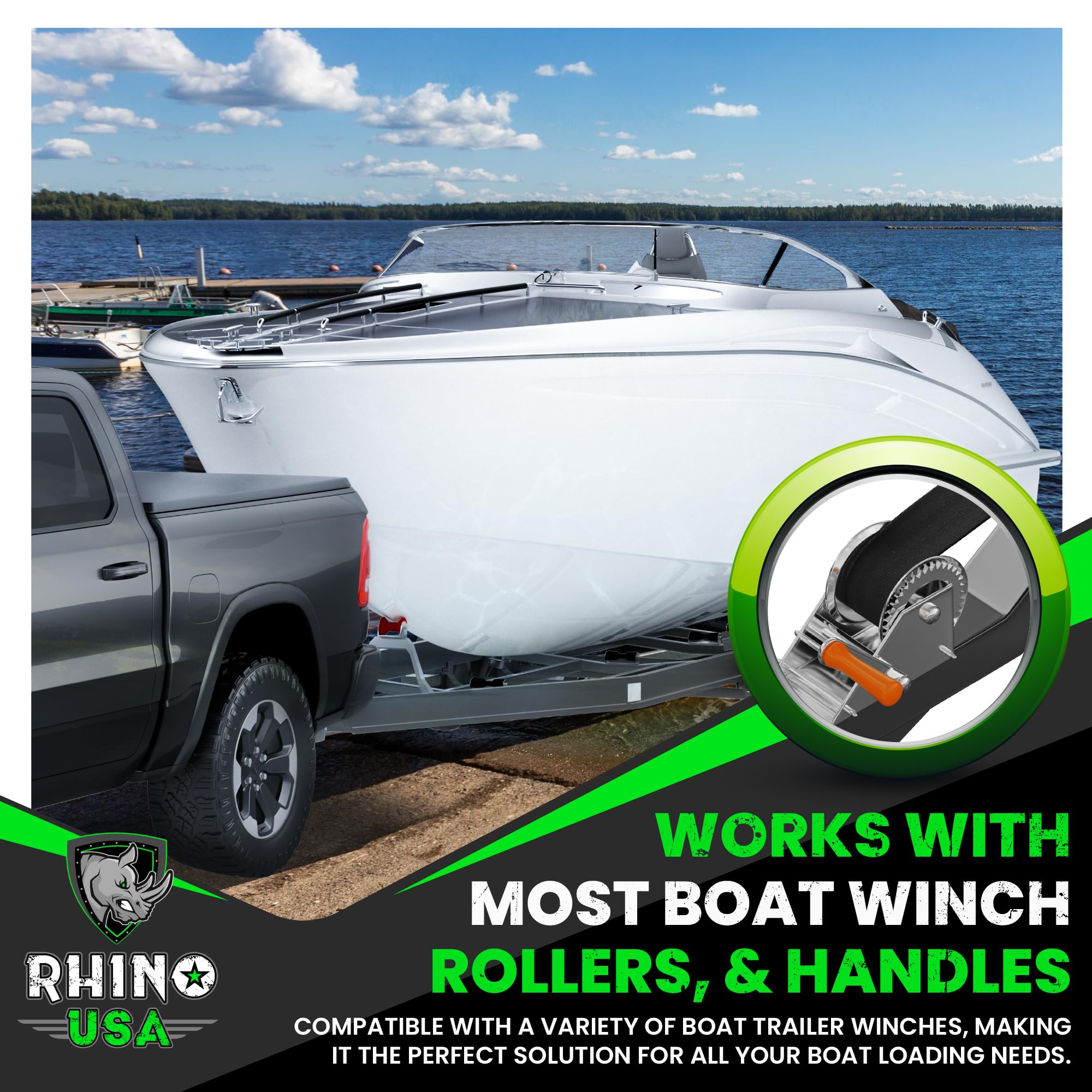 Rhino USA Boat Winch Strap with Hook (2" x 20') - 5,016lb Break Strength - Ultimate Replacement Boat Trailer Winch Straps with Safety Hook - Compatible with Pontoon, Jet Ski, Fishing Boat & More!