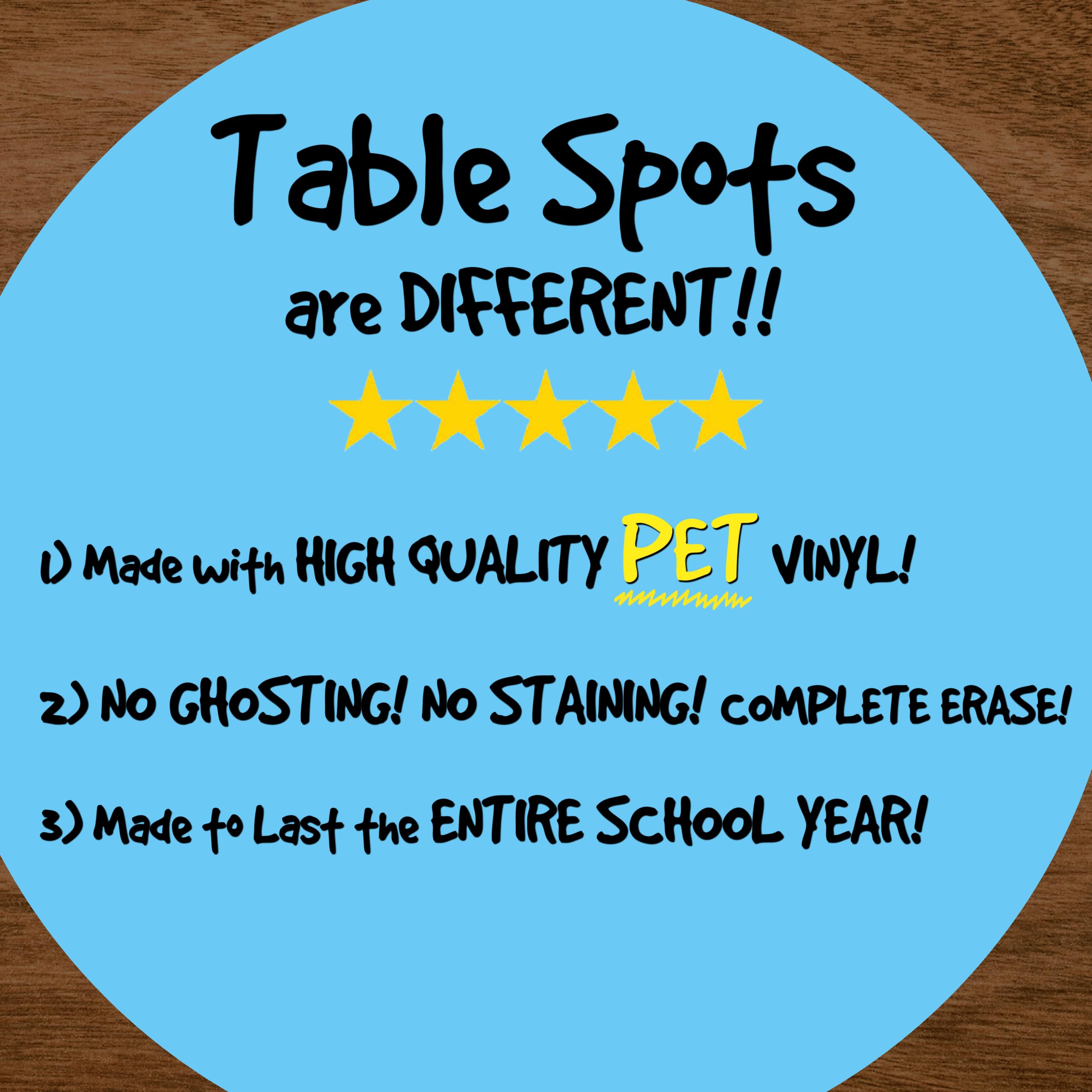 New Larger Size! | The Original Table Spots for Teachers | No Staining, No Shadowing, Complete Erase! Dry Erase, 10 Pack Multicolor Circles, Wall Stickers, Decals