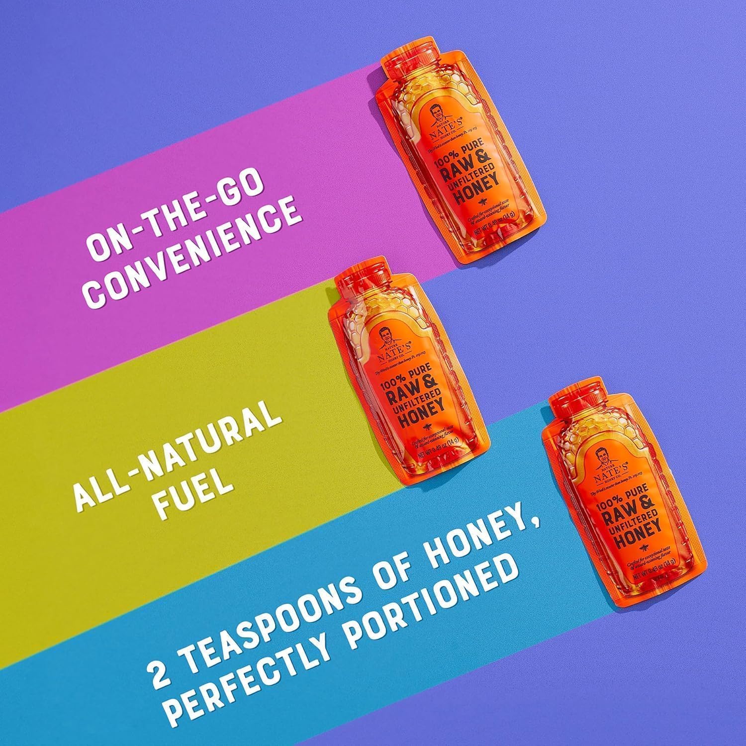 Nate's Honey Minis - Single-Serve 100% Pure, Raw & Unfiltered Honey – 0.49oz Packets, 20ct box