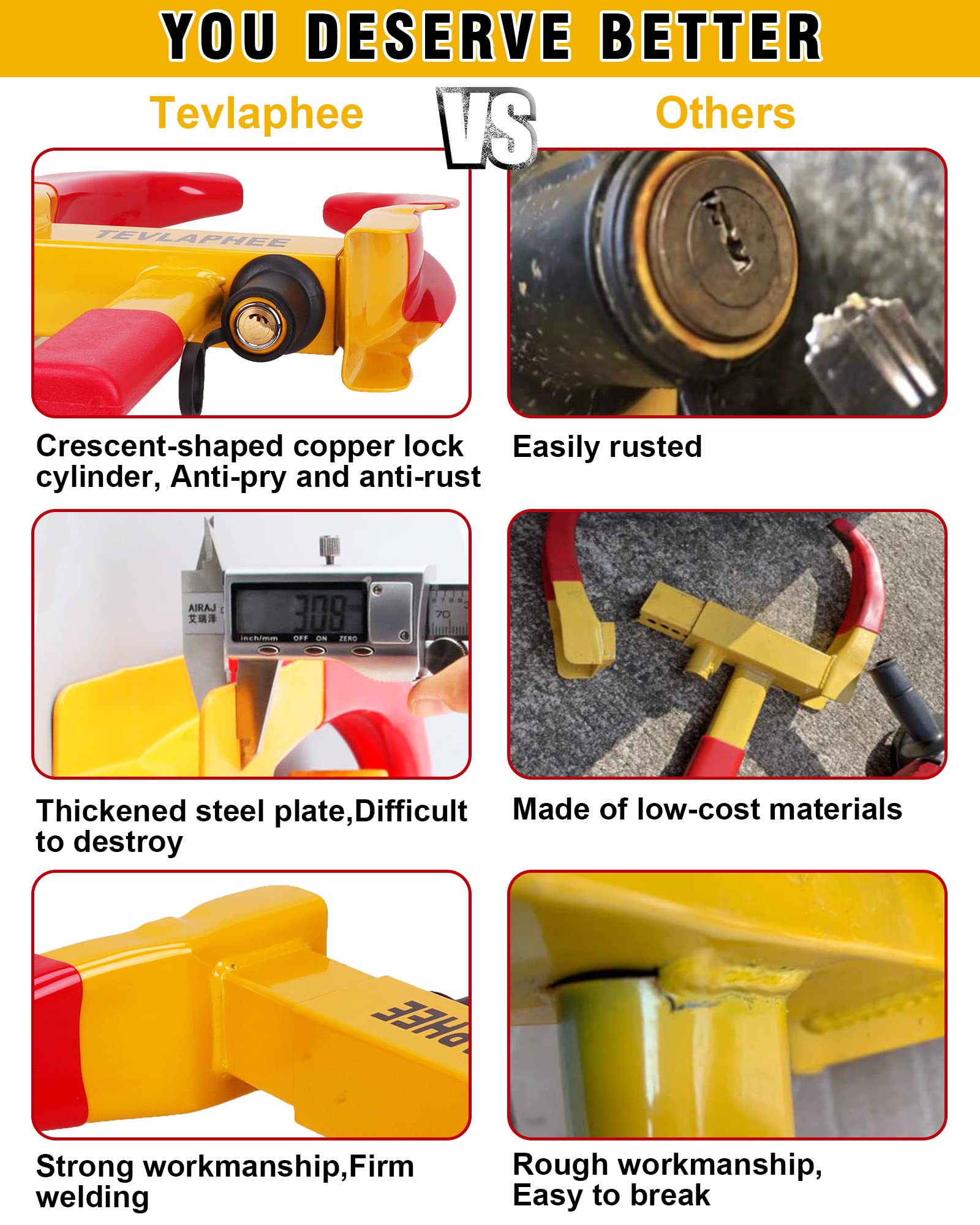 Tevlaphee Universal Wheel Lock Heavy Duty Security Trailer Wheel Lock Anti Theft Wheel Locks for Cars SUV Camper Motorcycle Trailer Great Deterrent Bright Color with 3 Keys (Red-Yellow)