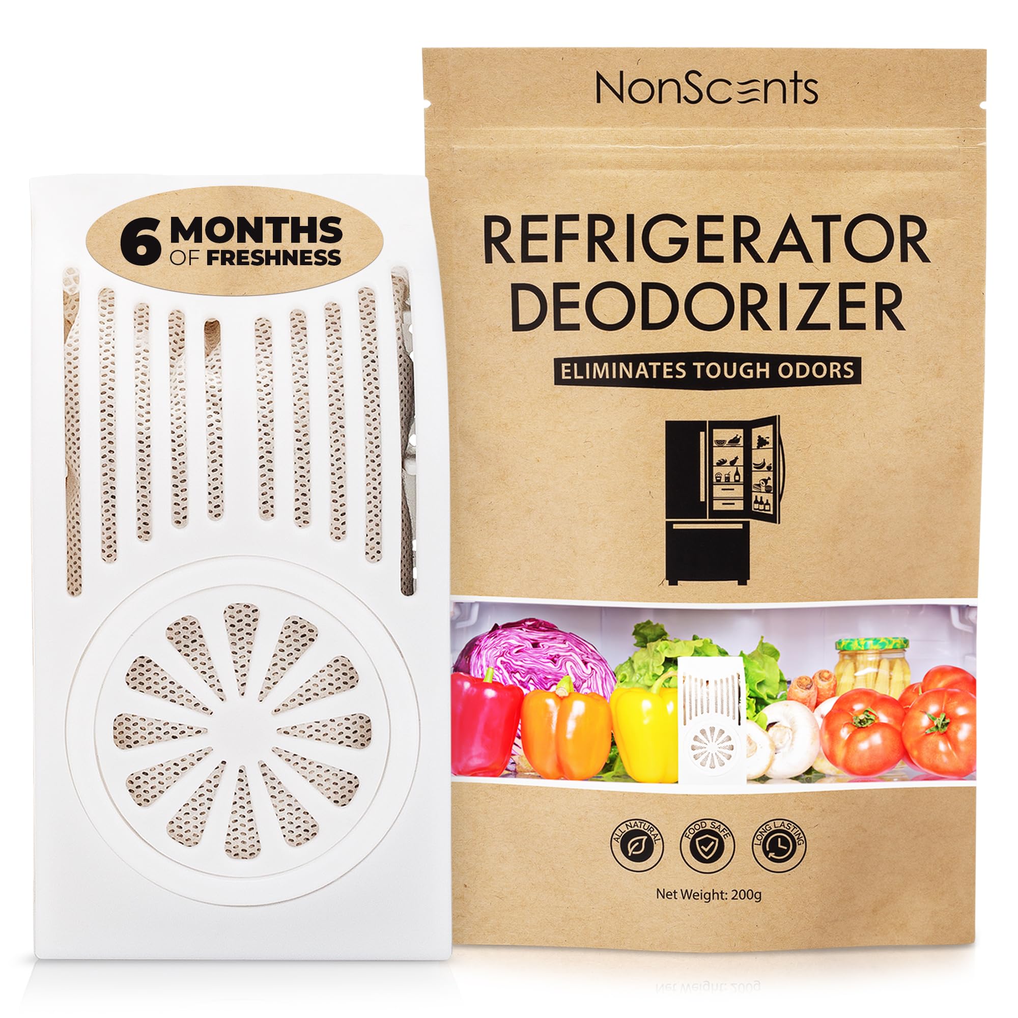 NonScents Refrigerator Deodorizer - Odor Eliminator for Fridge & Freezer - Outshines Baking Soda & Deodorizer with Activated Charcoal - Unscented & Long-Lasting, Freshen Refrigerator