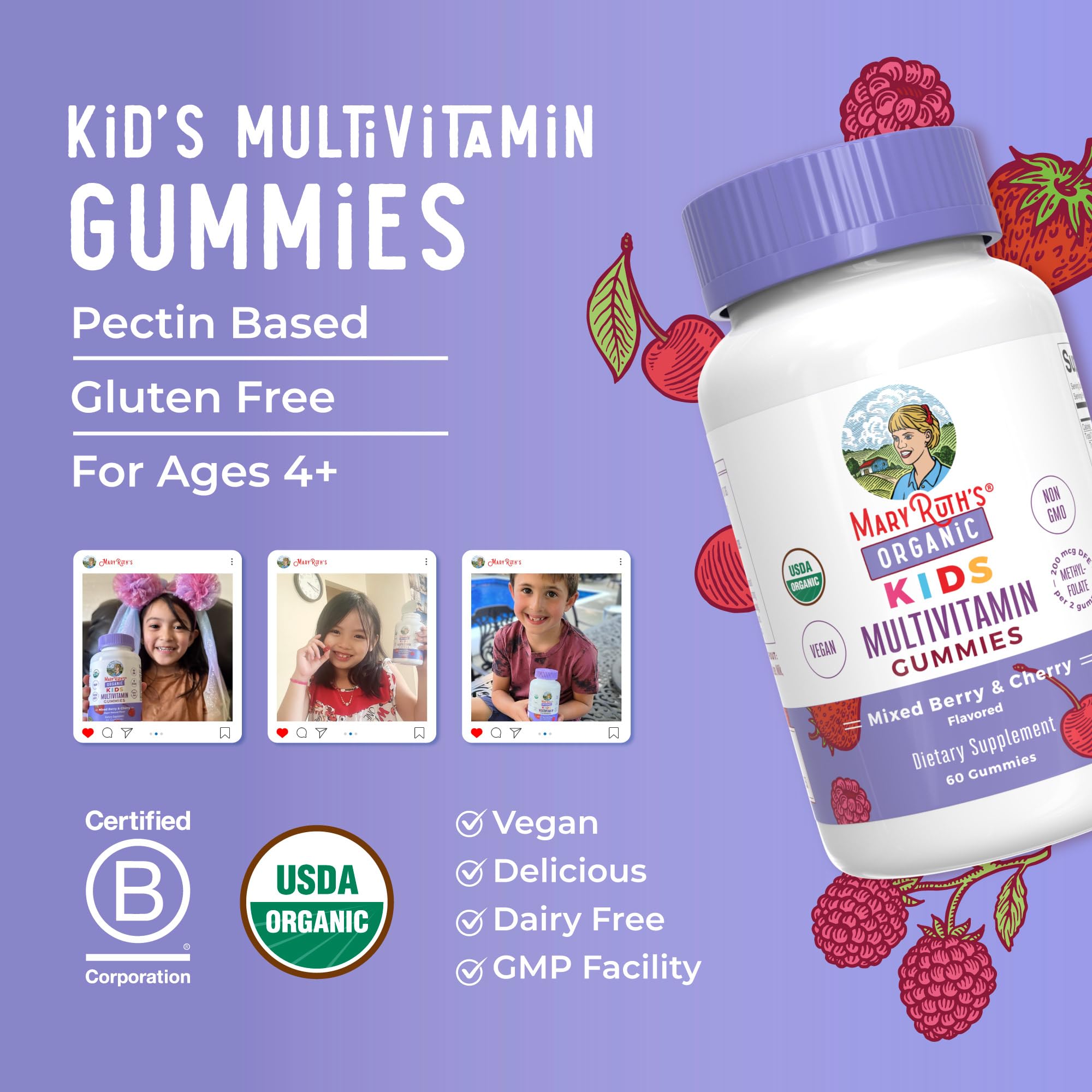 MaryRuth Organics Kids Vitamins | Multi | 1 Month Supply | Multivitamin Gummies for Ages 4+ | Multivitamin for Kids | Vegan | Only 2 Gummies a Day | 60 Count