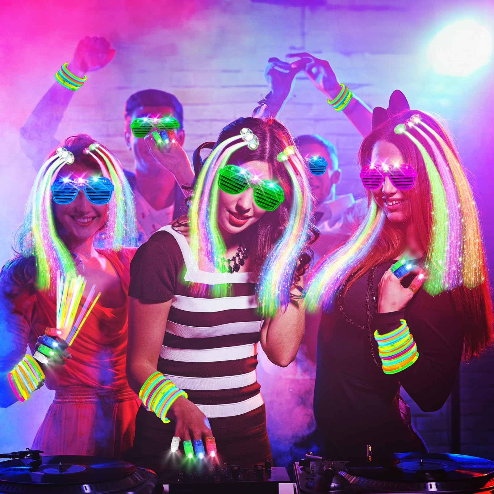 SHQDD 158 PCS Glow in the Dark Halloween Party Supplies, 14PCS LED Glasses, 30LED Finger Lights, 14LED Light Hairs and 100PCS Glow Sticks Bracelets, Neon Party Favors for Wedding,Concert, Birthday