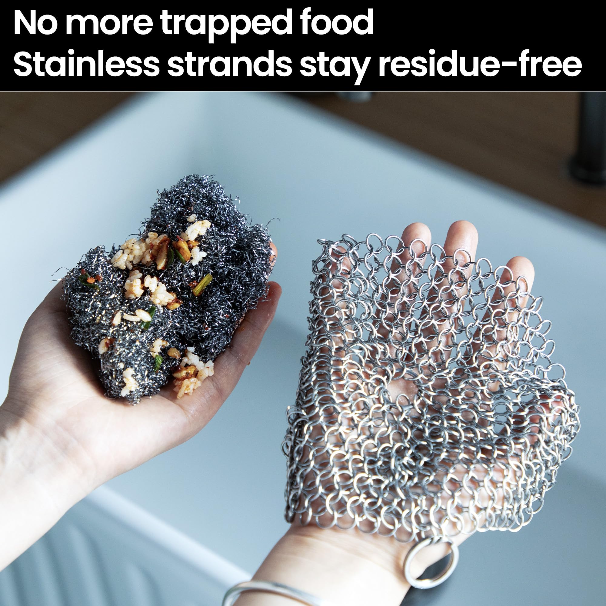 Cast Iron Scrubber 316 Stainless Steel Skillet Cleaner 8"x6" Chainmail Scrubber Scraper Chain Mail Link Scrub for Cast Iron Pre-Seasoned Pans, Griddles, BBQ Grills, and Pot Cookware Cleaning