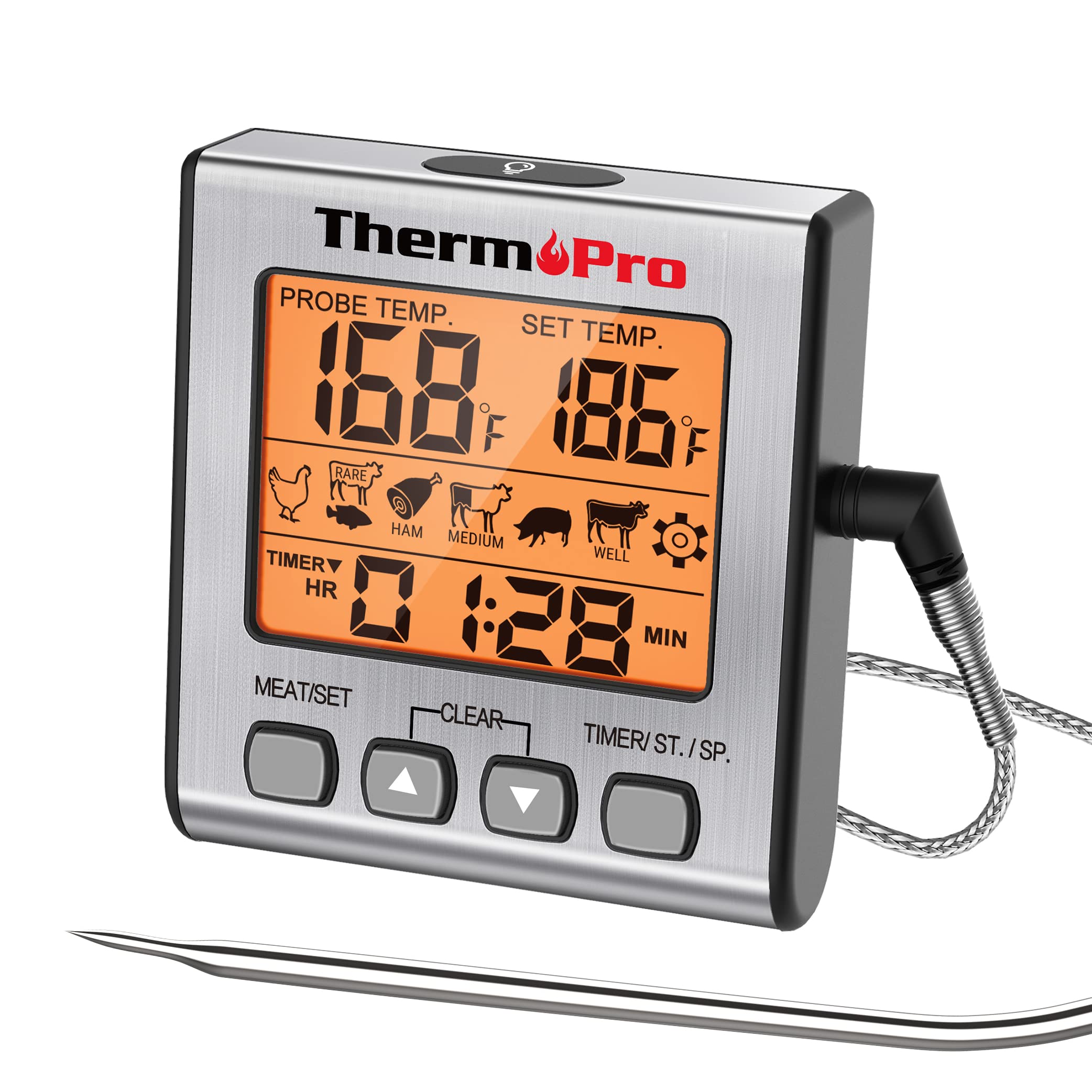 ThermoPro TP16S Digital Meat Thermometer for Cooking and Grilling, BBQ Food Thermometer with Backlight and Kitchen Timer, Grill Temperature Probe Thermometer for Smoker, Barbecue, Oven, Baking,Oil