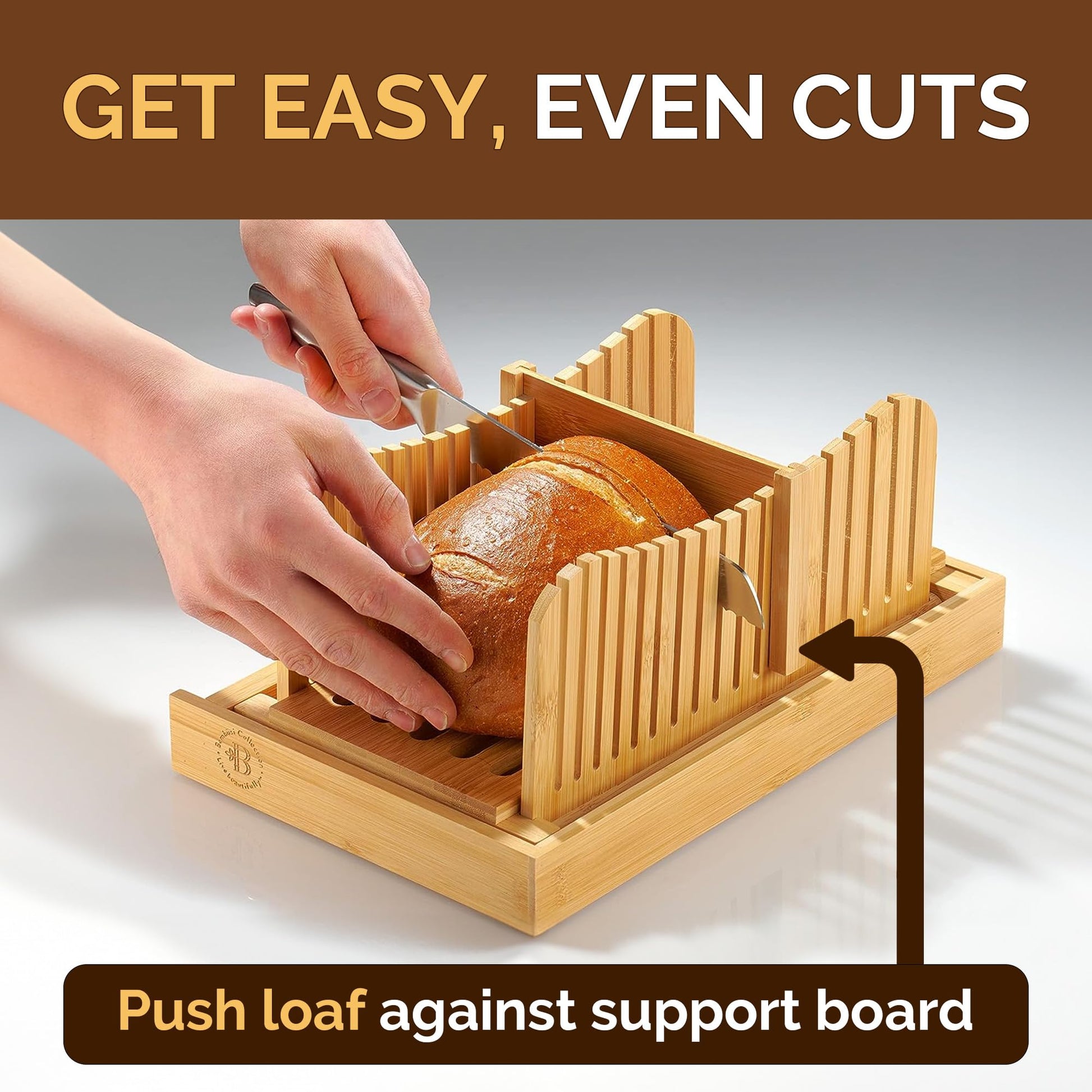 BAMBUSI Bread Slicer for Homemade Bread - Bamboo Bread Cutter with Knife, Foldable Slicing Guide, Crumb Tray - Compact Bread Loaf Slicer for Cakes, Bagels, Loaves - Kitchen Gadget, Baking Tool & Gift