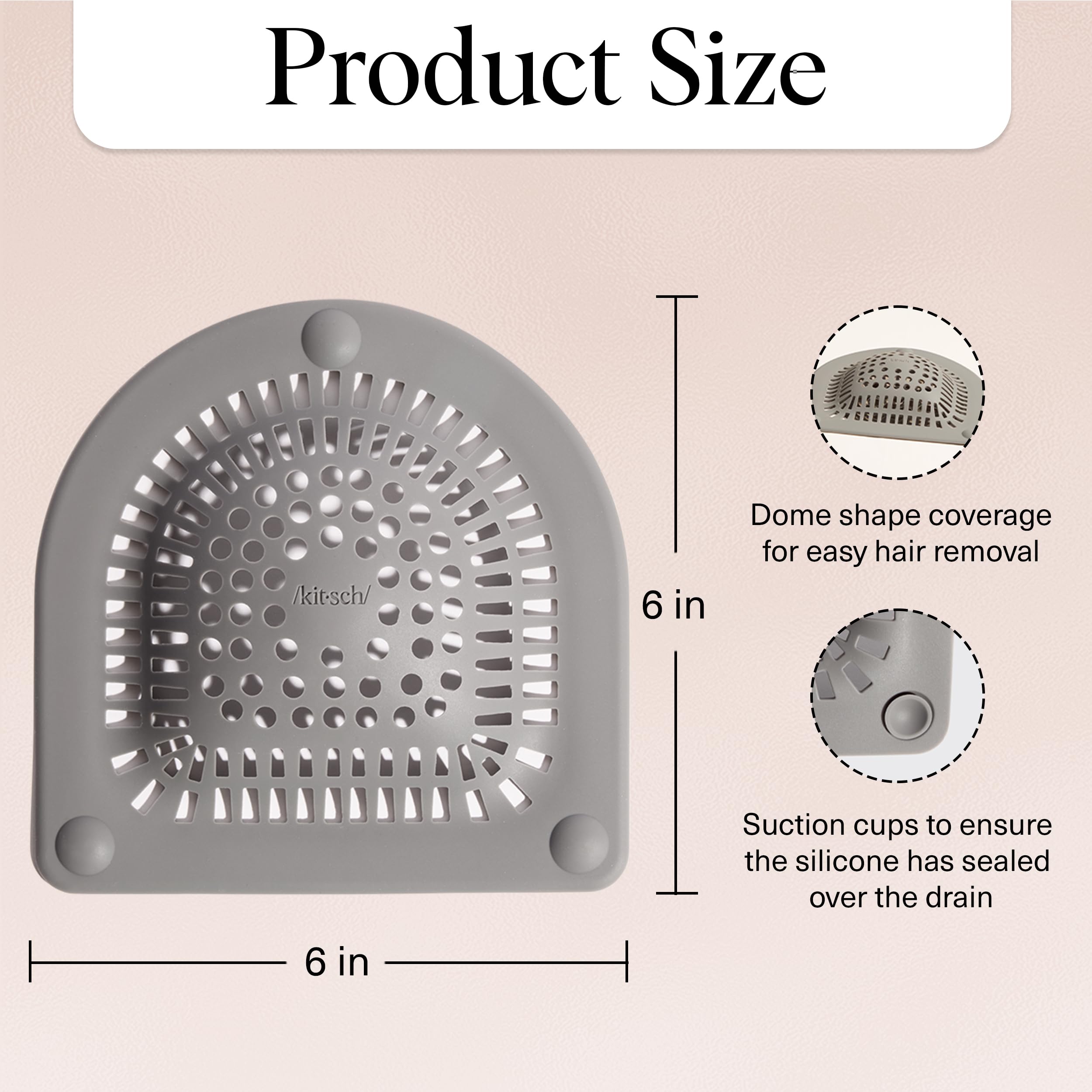 Kitsch Hair Catcher Shower Drain - Prevents Clogs, Drain Hair Catcher, Reduce Bathtub Odor, Anti-Clogging, Bathtub & Shower Cover, Durable & Easy to Clean, Made with Silicone, Universal Fit - Grey