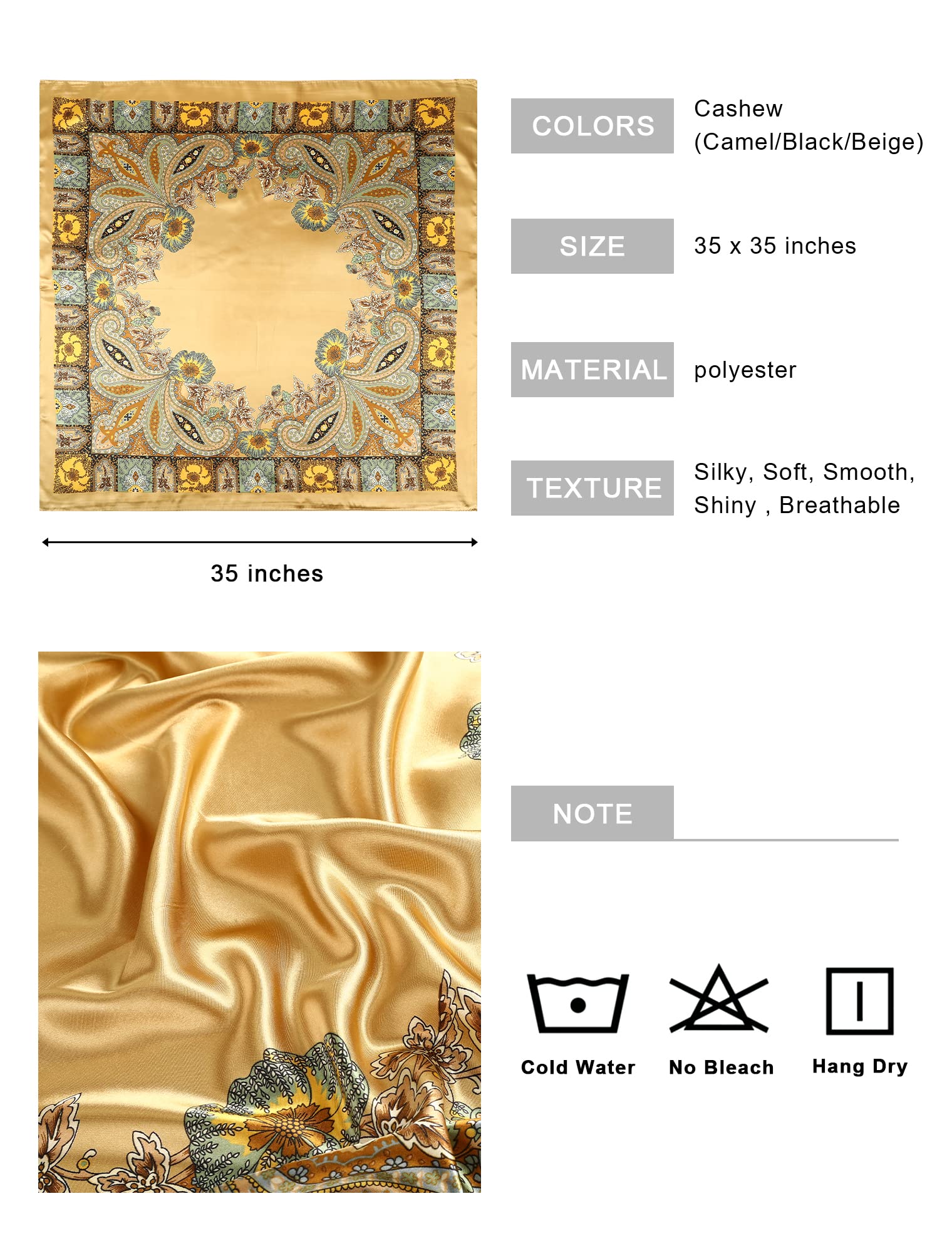 AWAYTR 35” Large Square Satin Head Scarf - 3Pcs Hair Scarves Bandana Beach Silk Feeling Headscarf for Women Hair