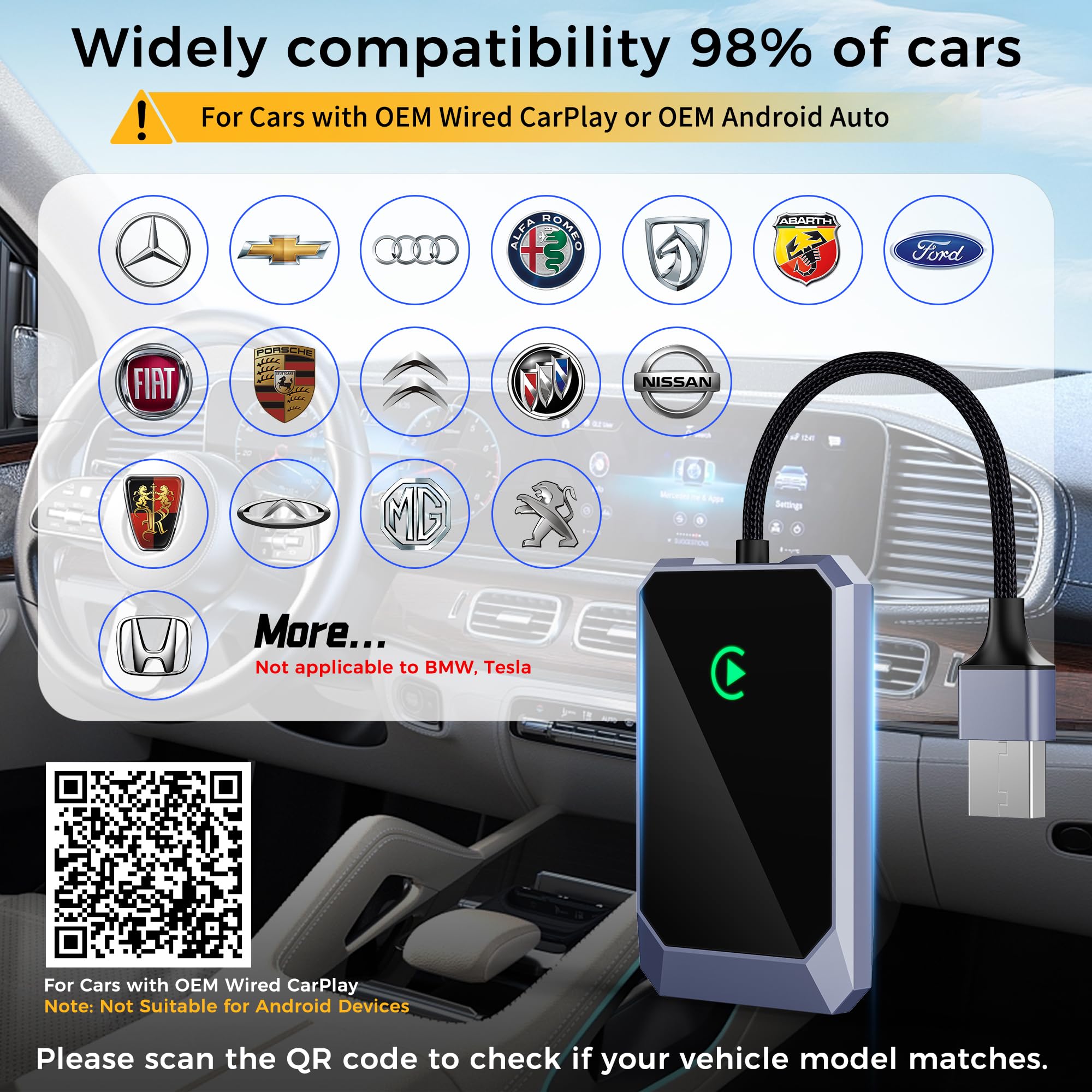 TERUNSOUl Wireless CarPlay Adapter for Apple iPhone, Convert Wired CarPlay to Wireless, Plug-and-Play, Stable Connection Compatible with OEM Wired CarPlay Vehicles & iOS 10+