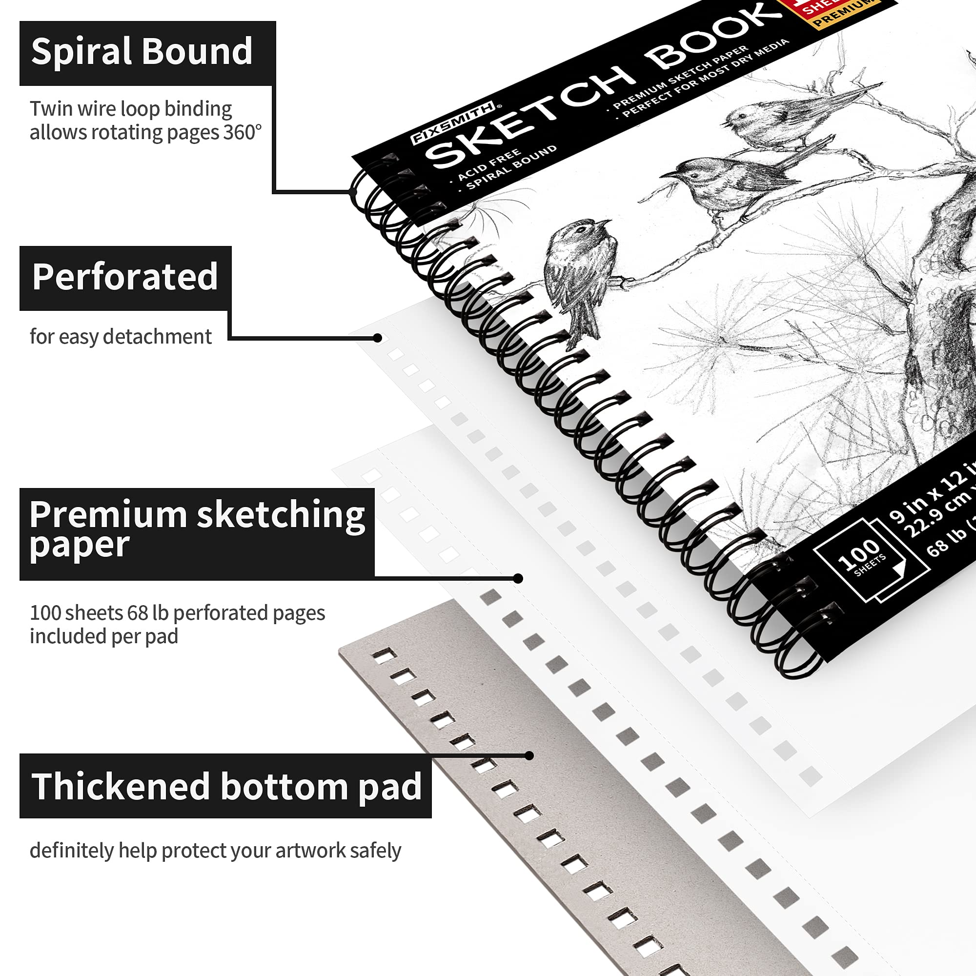 FIXSMITH 9"X12" Sketch Book | 100 Sheets (68 lb/100gsm) Spiral Sketchbook | Acid Free Drawing Paper | Sketch Pad for Kids,Beginners,Artists & Professionals| Bright White