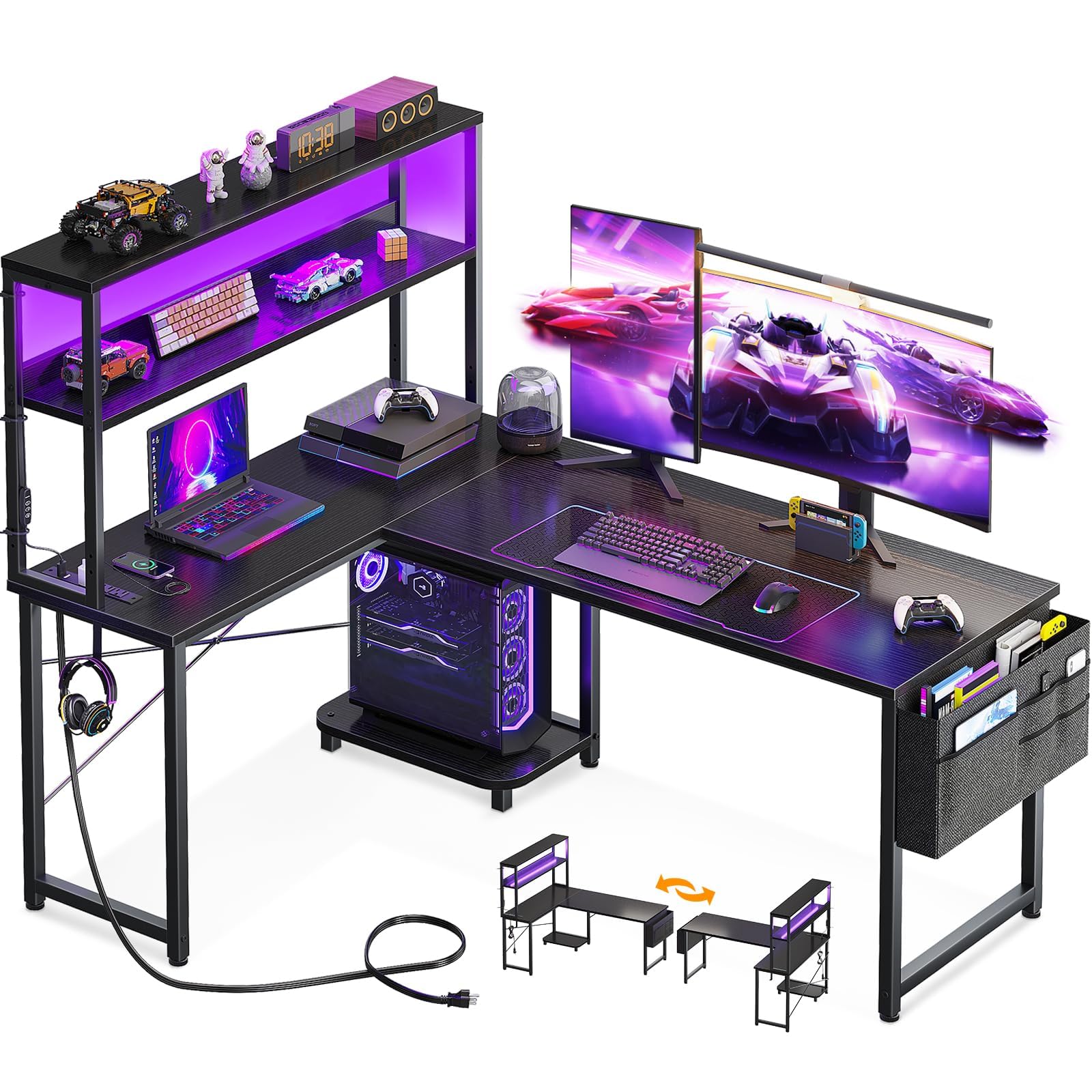 AODK L-förmiger Schreibtisch Gaming-Schreibtisch mit LED-Beleuchtung & Steckdosen, 135 cm reversibler L-förmiger Computertisch mit Regal & Aufbewahrungstasche & Haken für Heimbüro, Schwarz