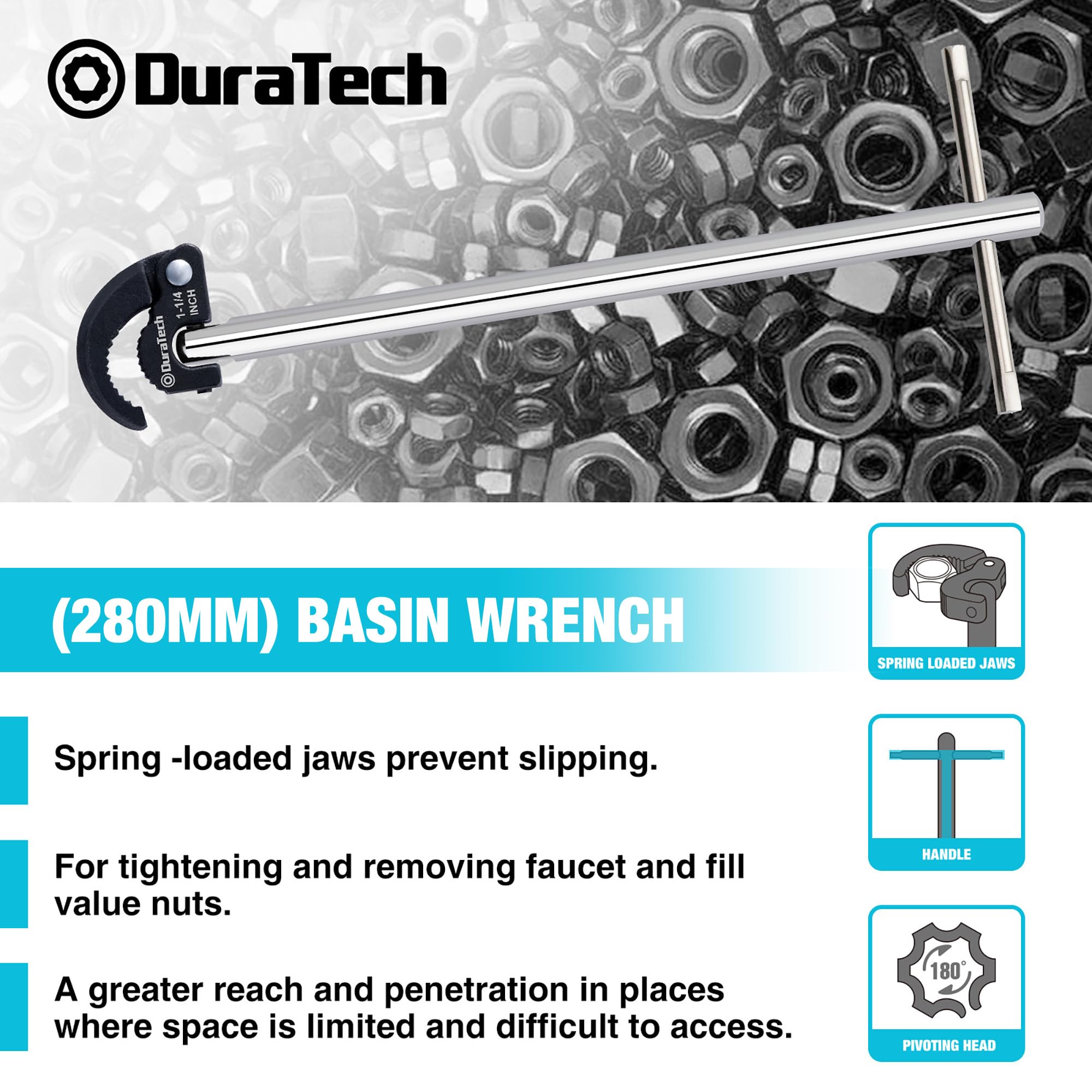 DURATECH 11" Basin Wrench, Sink Wrench, Adjustable Tap Nut Spanner Basin Spanner, Capacity of 3/8" to 1-1/4" for Fixing Back and Union Nuts Under Sink