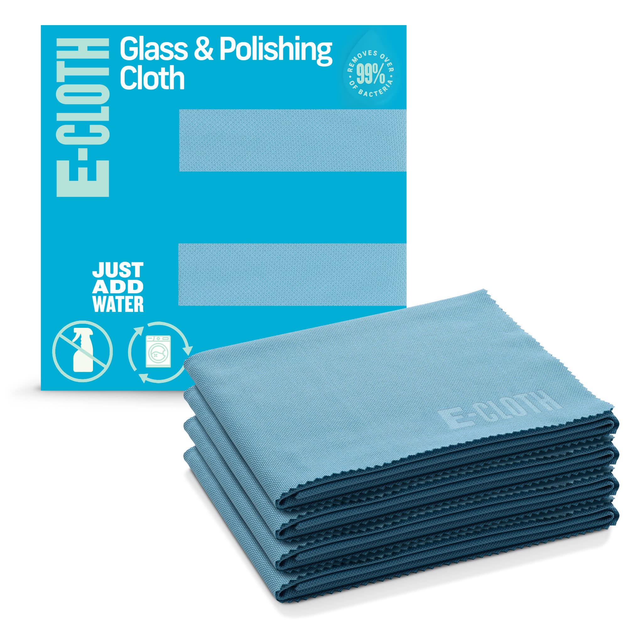 E-Cloth 4-Pack Glass & Polishing Cloth, Sustainable Microfiber Cleaning Cloth Set, Perfect Cleaner for Glass, Windows and Mirrors, Washable and Reusable, 100 Wash Promise, Alaskan Blue