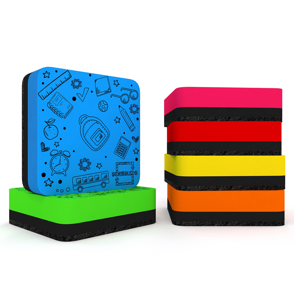 Scribbledo 6 Pack Dry Erase Erasers - Assorted Colors, Magnetic, Smudge Free for Kids, Students, Classroom, Home, School, Office