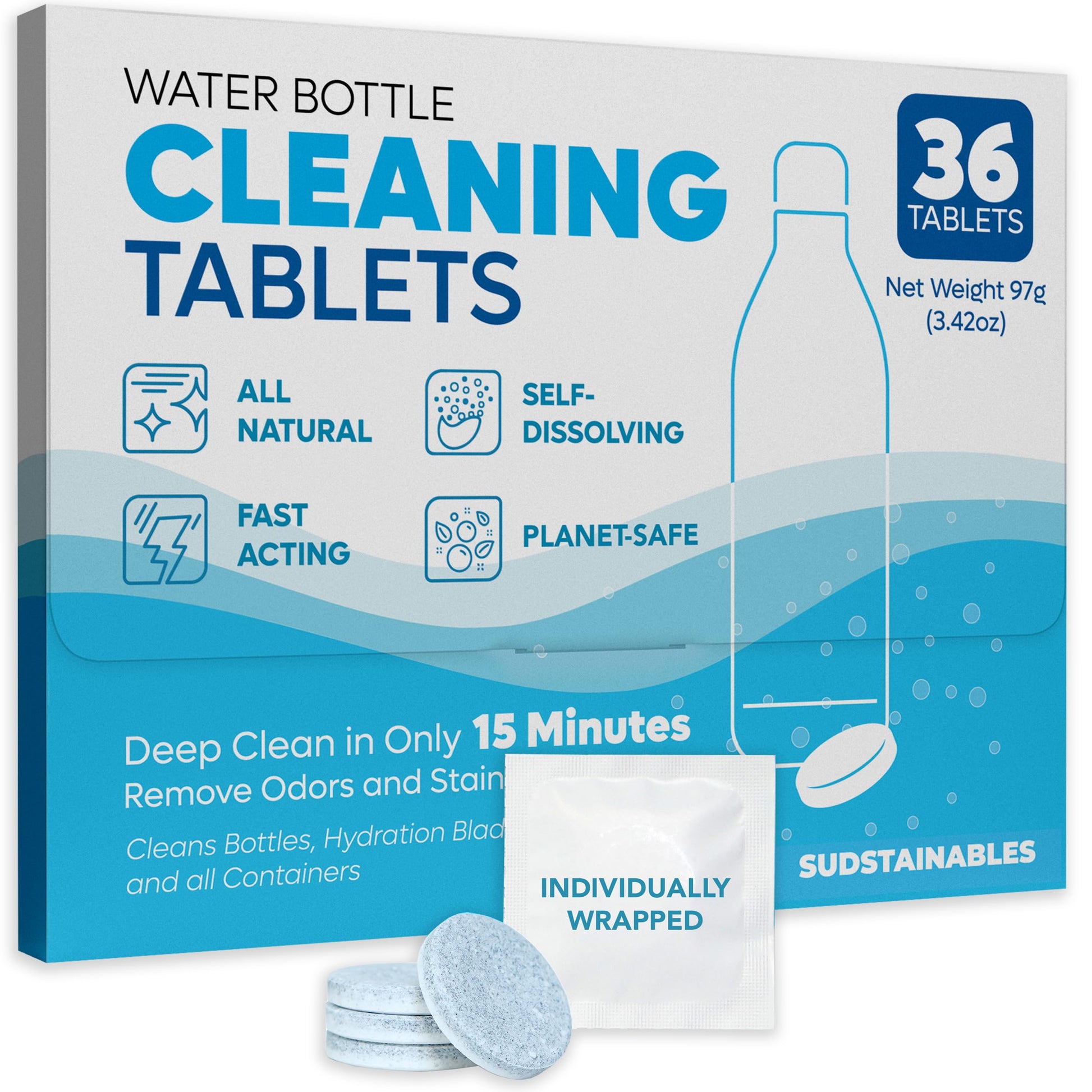 Sudstainables Water Bottle Cleaning Tablets - 36 Pack, Chlorine & Odor Free, Hydration Bladder and Water Bottle Cleaner Tablets, Removes Stubborn Stains & Odors